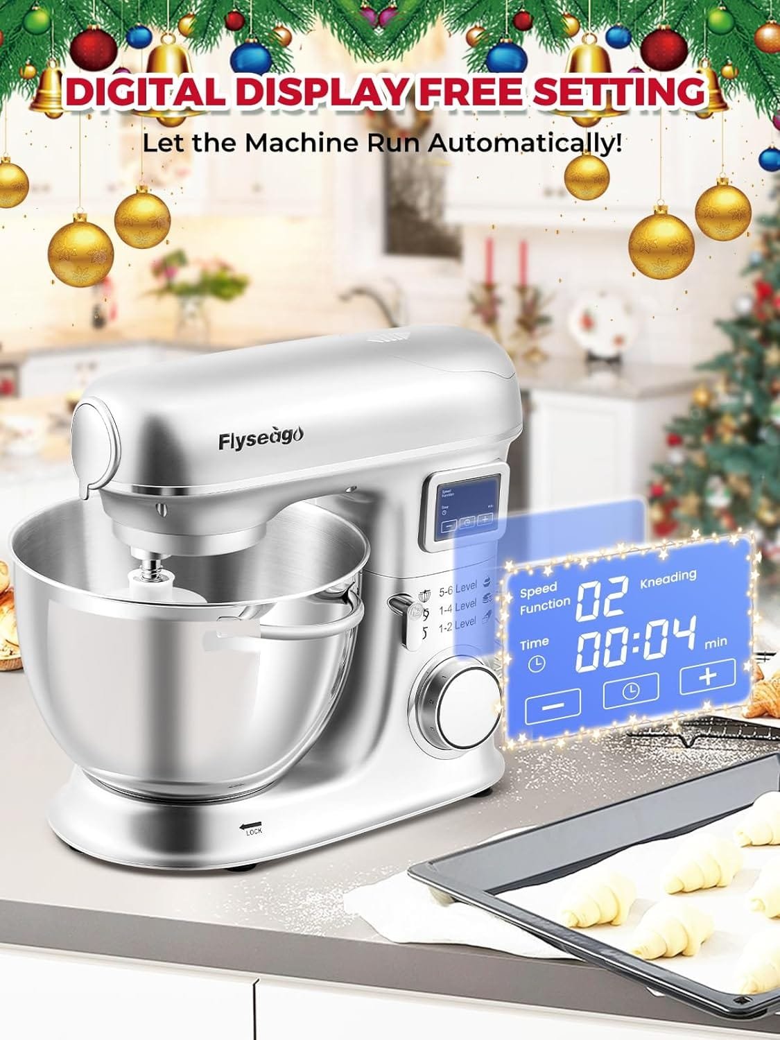 Flyseago Stand Mixer 8-IN-1 8.5 Qt Multifunctional Electric Kitchen Mixer 6 Speed Tilt-Head with Stainless Steel Bowl, 1.5L Glass Jar, Meat Grinder, Dough Hook, Whisk, Pasta Attachment
