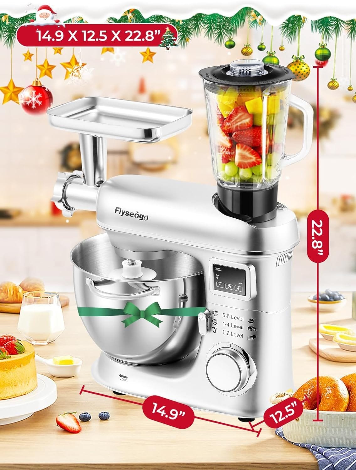 Flyseago Stand Mixer 8-IN-1 8.5 Qt Multifunctional Electric Kitchen Mixer 6 Speed Tilt-Head with Stainless Steel Bowl, 1.5L Glass Jar, Meat Grinder, Dough Hook, Whisk, Pasta Attachment