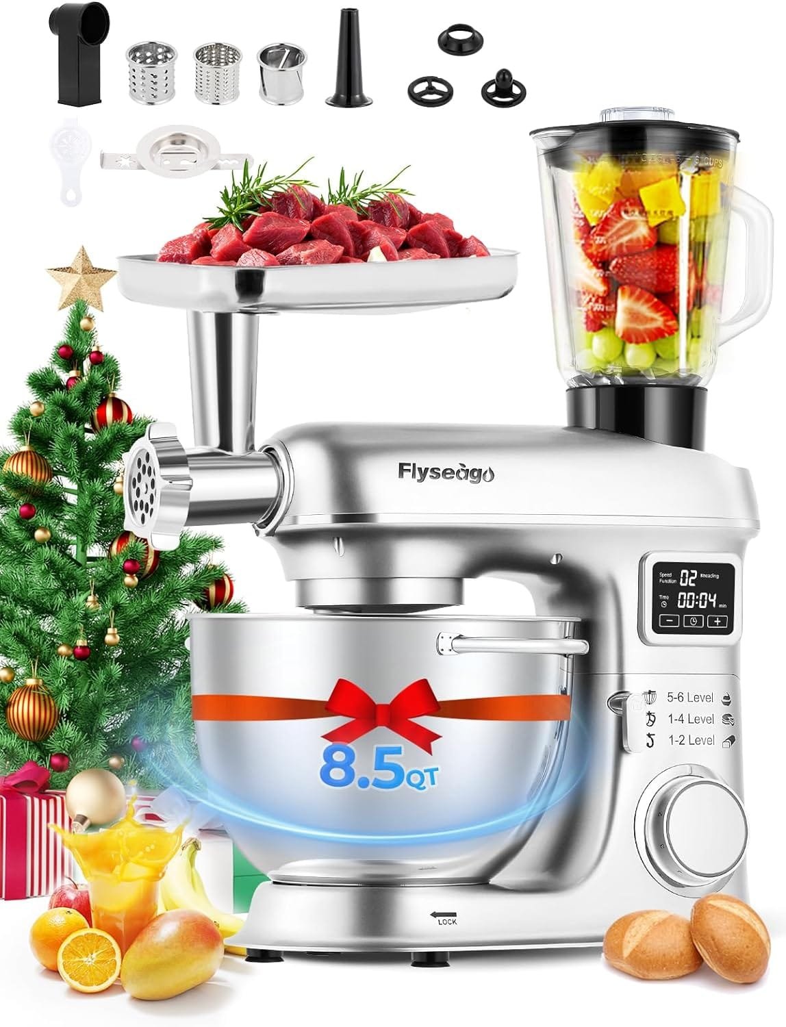 Flyseago Stand Mixer 8-IN-1 8.5 Qt Multifunctional Electric Kitchen Mixer 6 Speed Tilt-Head with Stainless Steel Bowl, 1.5L Glass Jar, Meat Grinder, Dough Hook, Whisk, Pasta Attachment