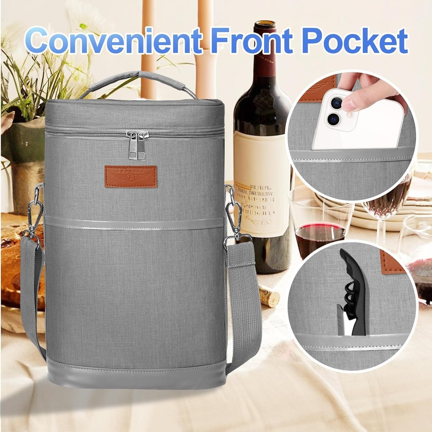 FOCHIER F 2 Bottle Wine Gift Bag, Insulated Wine Bottle Carrier Tote bag, Wine Cooler Bag for Travel, Picnic, Party, Dinner, Great Christmas Day Gift, Grey FOCHIER F 2 Bottle Wine Gift Bag, Insulated Wine Bottle Carrier Tote bag, Wine Cooler Bag for Travel, Picnic, Party, Dinner, Great Christmas Day Gift, Grey