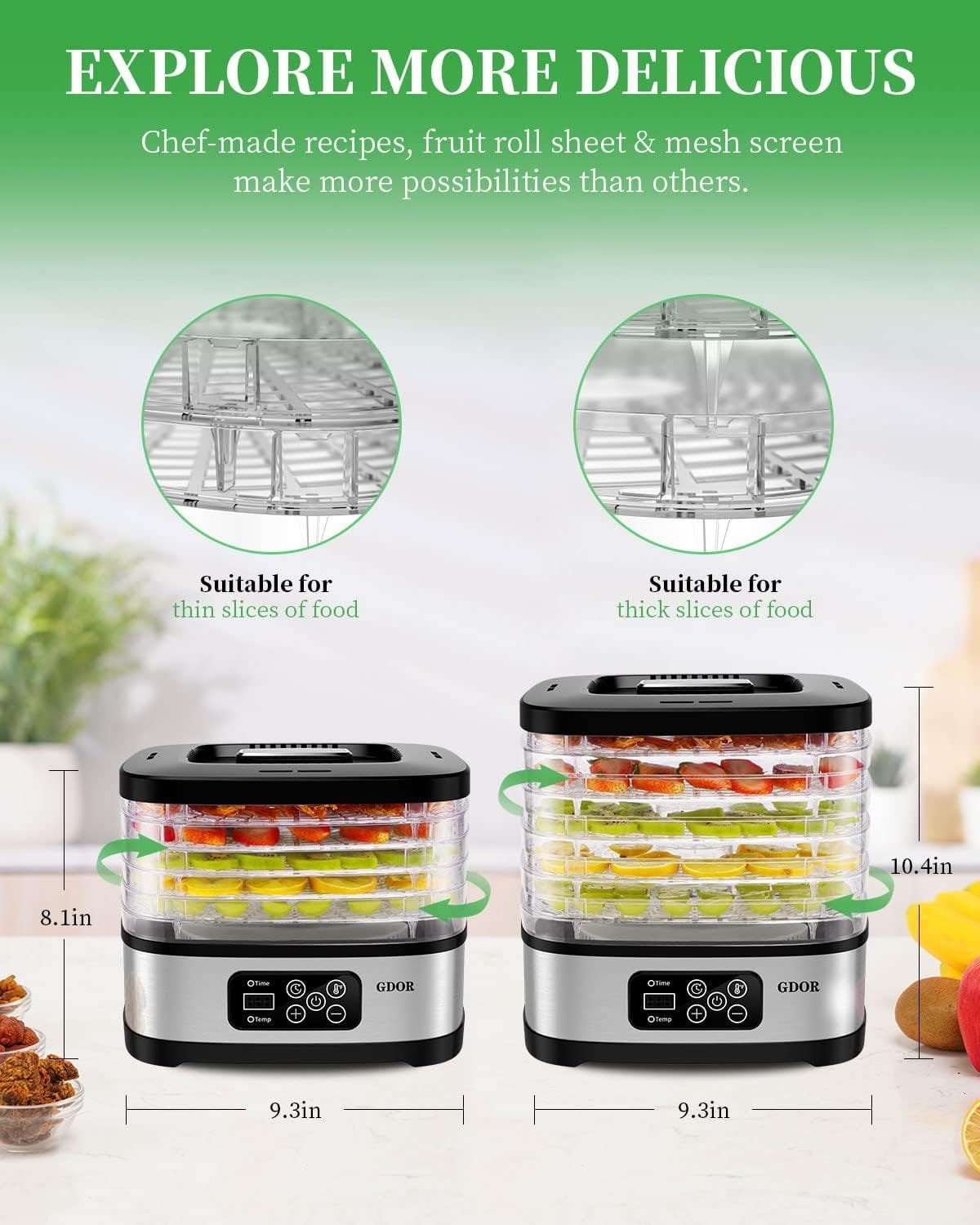 Food Dehydrator Includes Mesh Screen, Fruits Roll Sheet, Recipes, GDOR 5 Trays Dehydrator Machine with Temp Control  72H Timer  LED Display, for Jerky, Fruit, Veggie, Herb, Dog Treat, BPA-Free