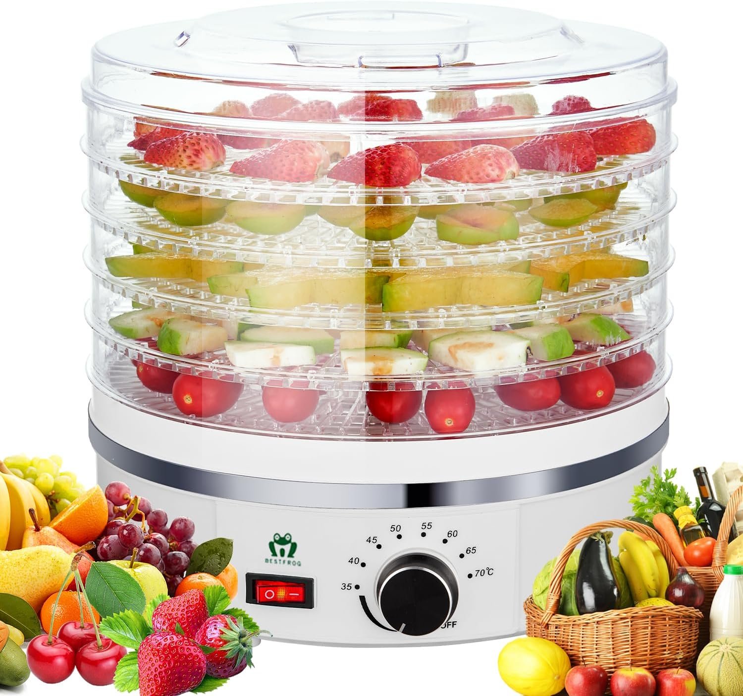 Food Dehydrator Machine Dehydrators For Food And Jerky 5 Trays Adjustable Temperature Control Multi-Funtional Dryer For Preserve Jerky, Fruits, Vegetables, Meat, Herbs, Flowers, Dog Treats