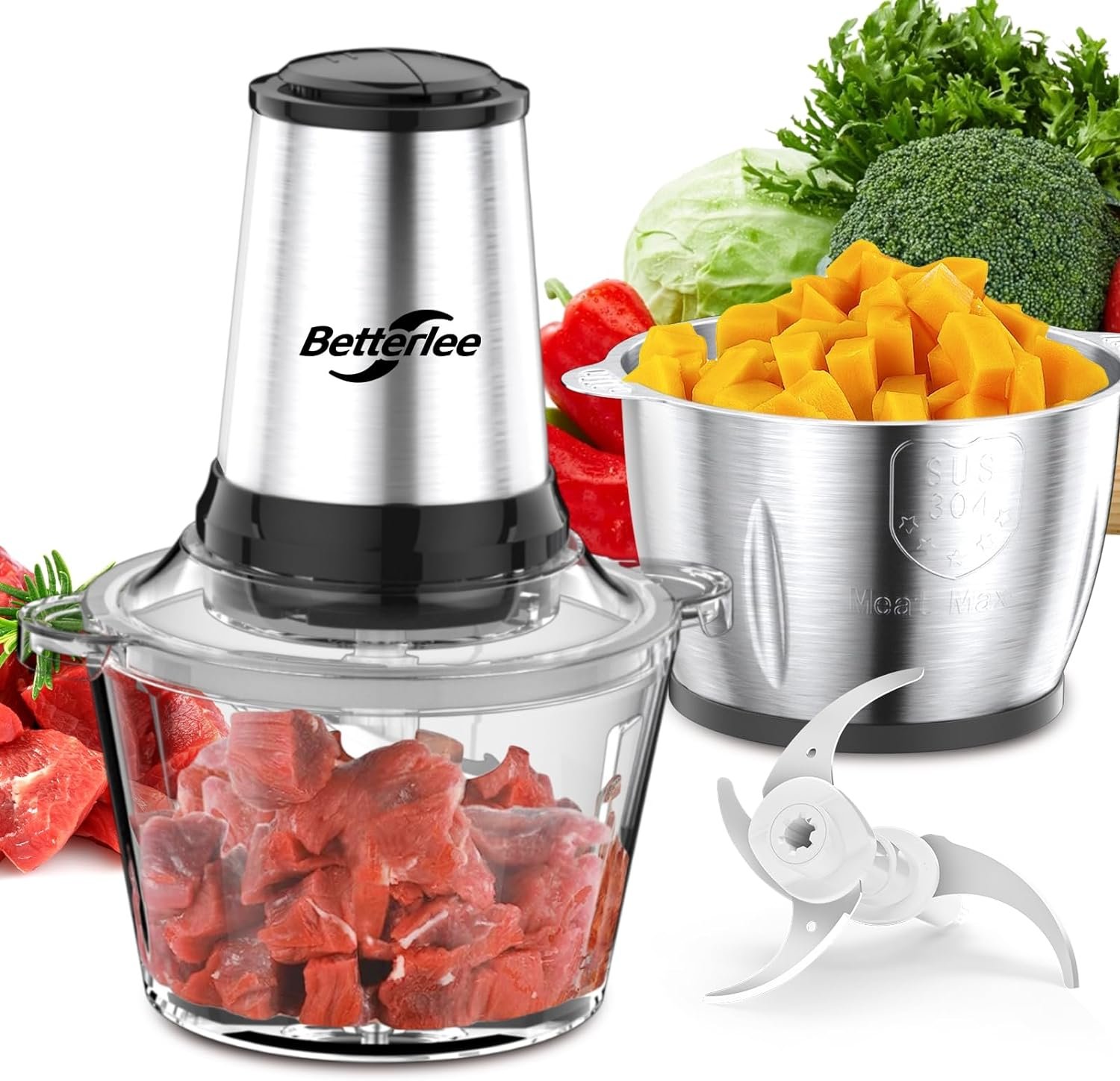 Food Processor, Meat Grinder  Veggie Chopper with 2 Bowls (8 Cup+8 Cup) - Includes 1 Set of Bi-Level Blades, 500W Powerful Electric Food Chopper for Baby Food Meats Vegetable and Nuts
