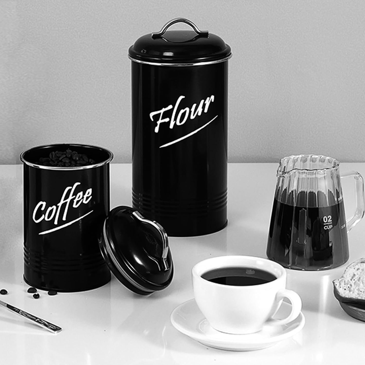 Food Storage Canisters Containers for 4, Vintage Kitchen Canisters, Carbon Steel with Powder Coated Coffee Tea Sugar Flour Farmhouse Kitchen Canisters Set of 4(Black) Food Storage Canisters Containers for 4, Vintage Kitchen Canisters, Carbon Steel with Powder Coated Coffee Tea Sugar Flour Farmhouse Kitchen Canisters Set of 4(Black)