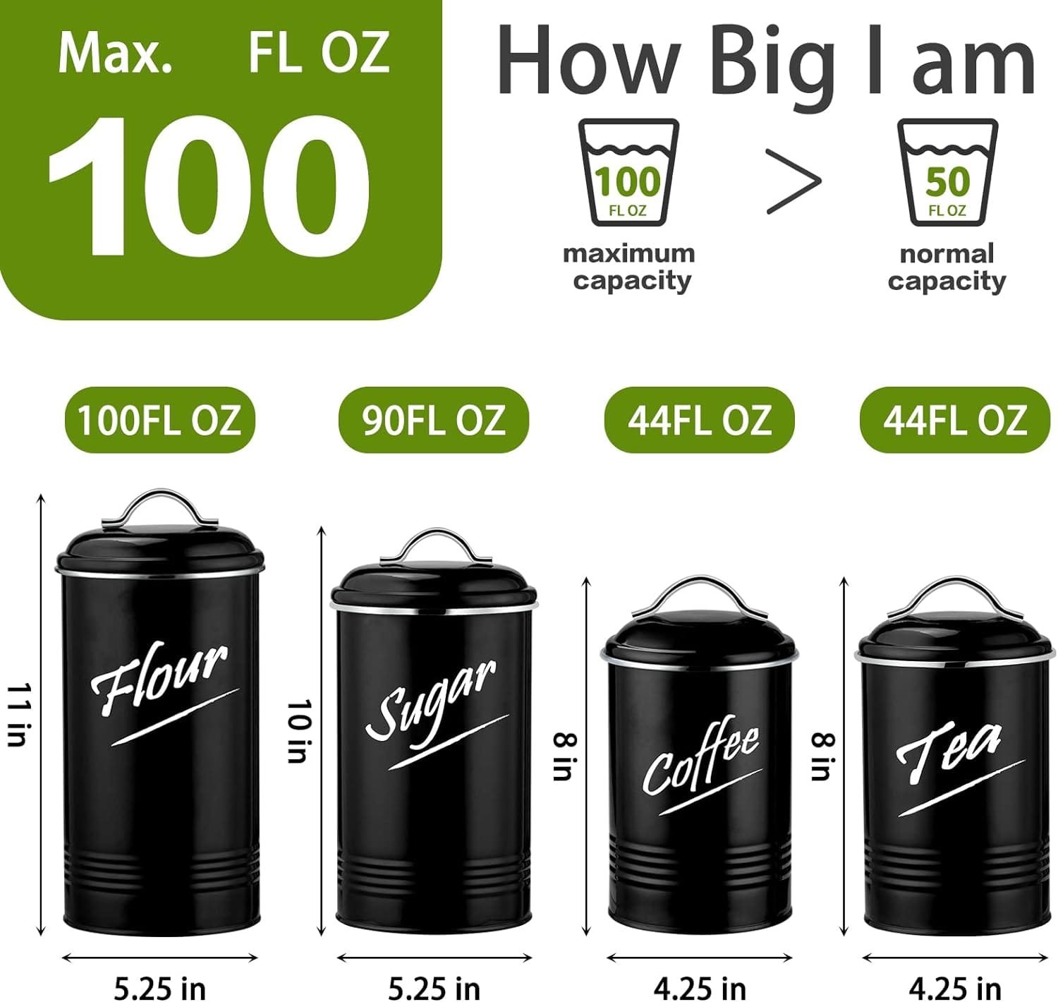 Food Storage Canisters Containers for 4, Vintage Kitchen Canisters, Carbon Steel with Powder Coated Coffee Tea Sugar Flour Farmhouse Kitchen Canisters Set of 4(Black) Food Storage Canisters Containers for 4, Vintage Kitchen Canisters, Carbon Steel with Powder Coated Coffee Tea Sugar Flour Farmhouse Kitchen Canisters Set of 4(Black)