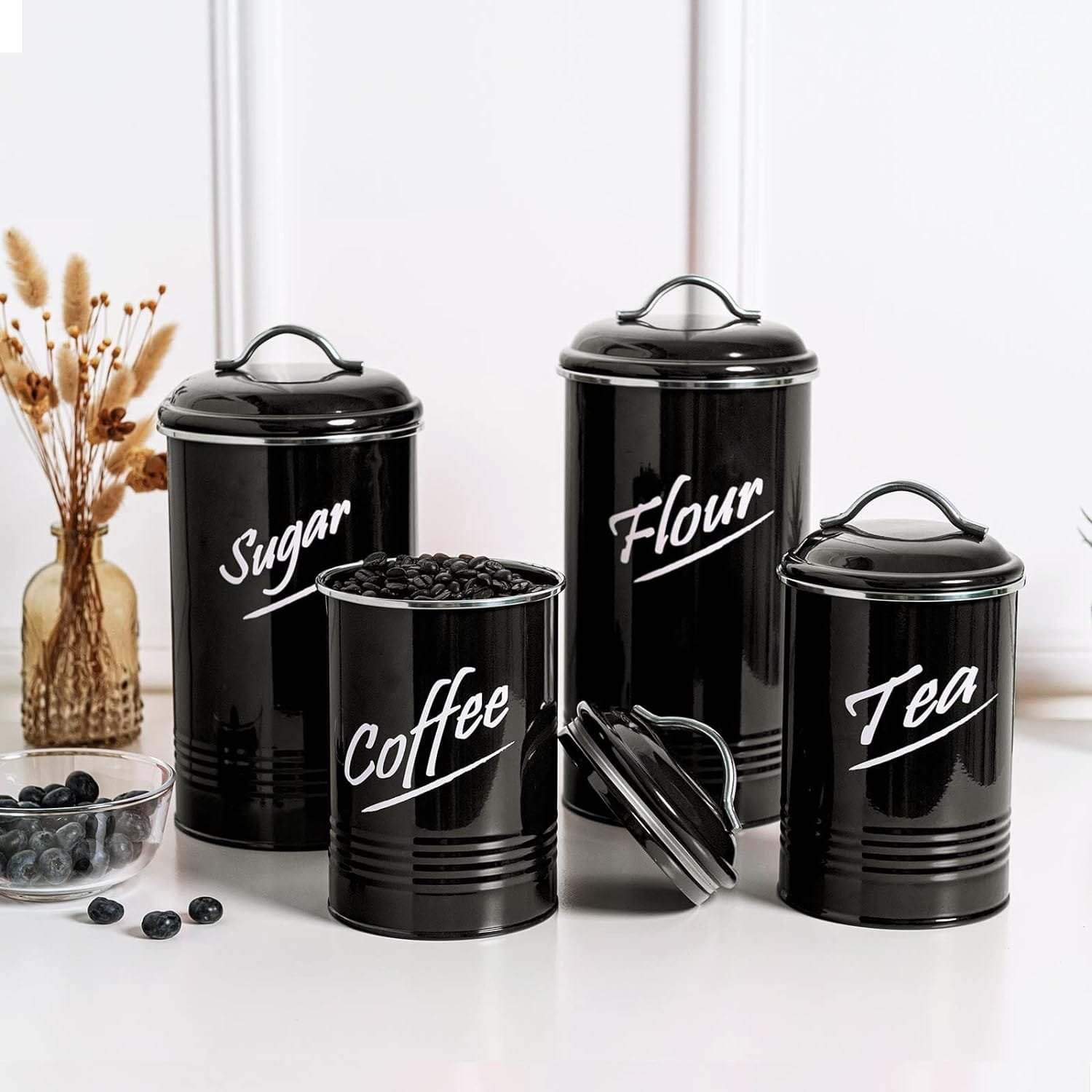 Food Storage Canisters Containers for 4, Vintage Kitchen Canisters, Carbon Steel with Powder Coated Coffee Tea Sugar Flour Farmhouse Kitchen Canisters Set of 4(Black) Food Storage Canisters Containers for 4, Vintage Kitchen Canisters, Carbon Steel with Powder Coated Coffee Tea Sugar Flour Farmhouse Kitchen Canisters Set of 4(Black)