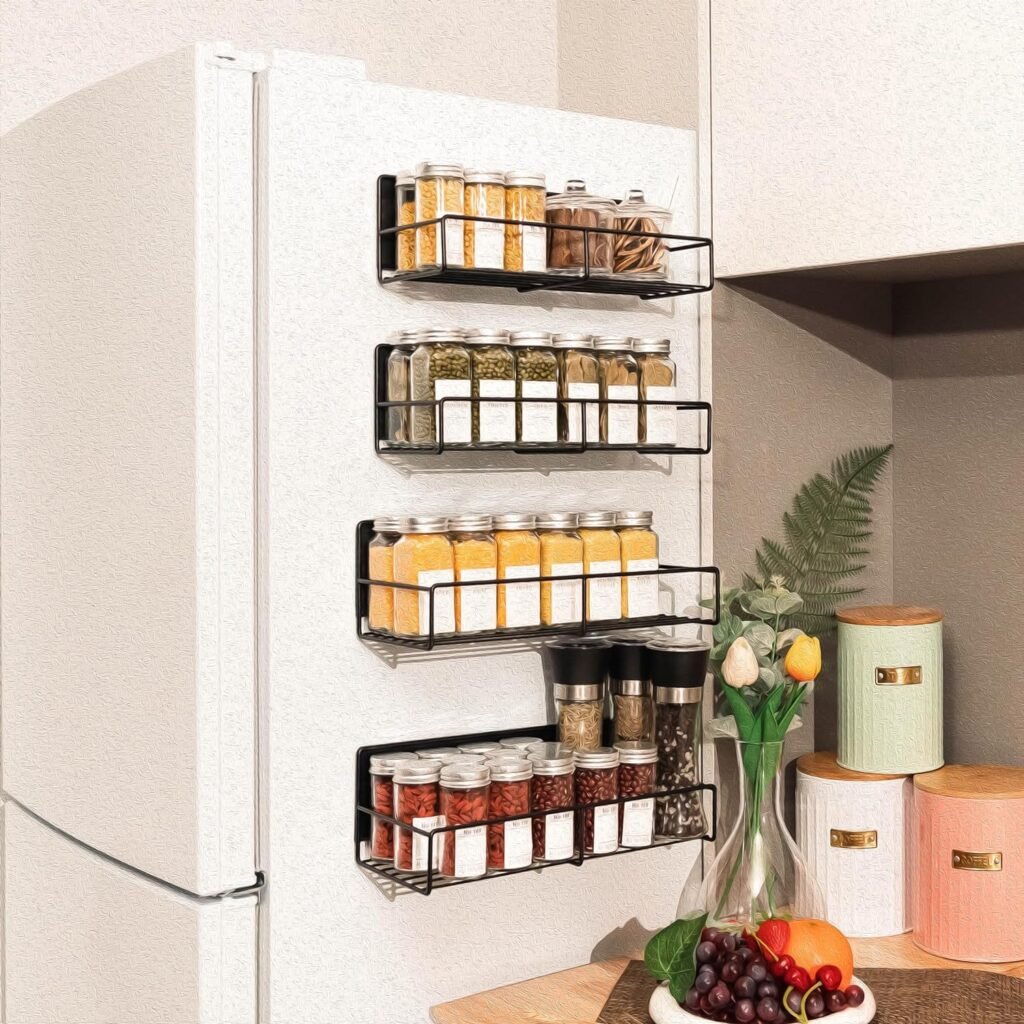 foryoky Super Magnetic Spice Rack For Refrigerator, 12-3/8W x 5-3/8D x 4-1/8H Space Save Large Capacity Organizer, Durable Shelf for Microwave, Fridge - 4 Pack - Black