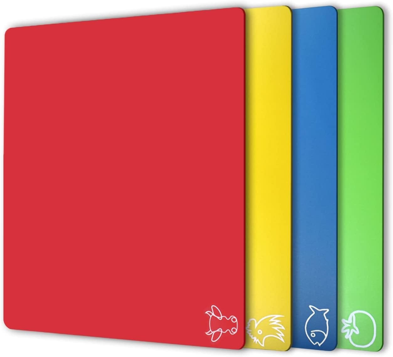 Fotouzy Plastic Cutting Board Flexible Mats With Food Icons, Set of 4, BPA-Free, Non-Porous, Upgrade 100% Anti-skid back, Dishwasher Safe, Rainbow Colors