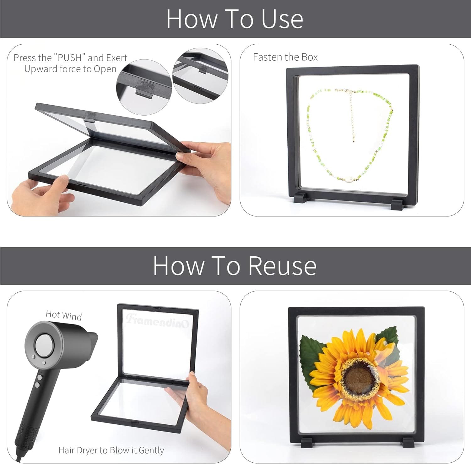 Framendino, 4 Pack Black 3D Floating Frame Display Case Challenge Coin Display 7 x 7 x 0.8 Floating Display Holder Stands Jewelry Storage Box for Jewelry AA Medallion Shells Gems