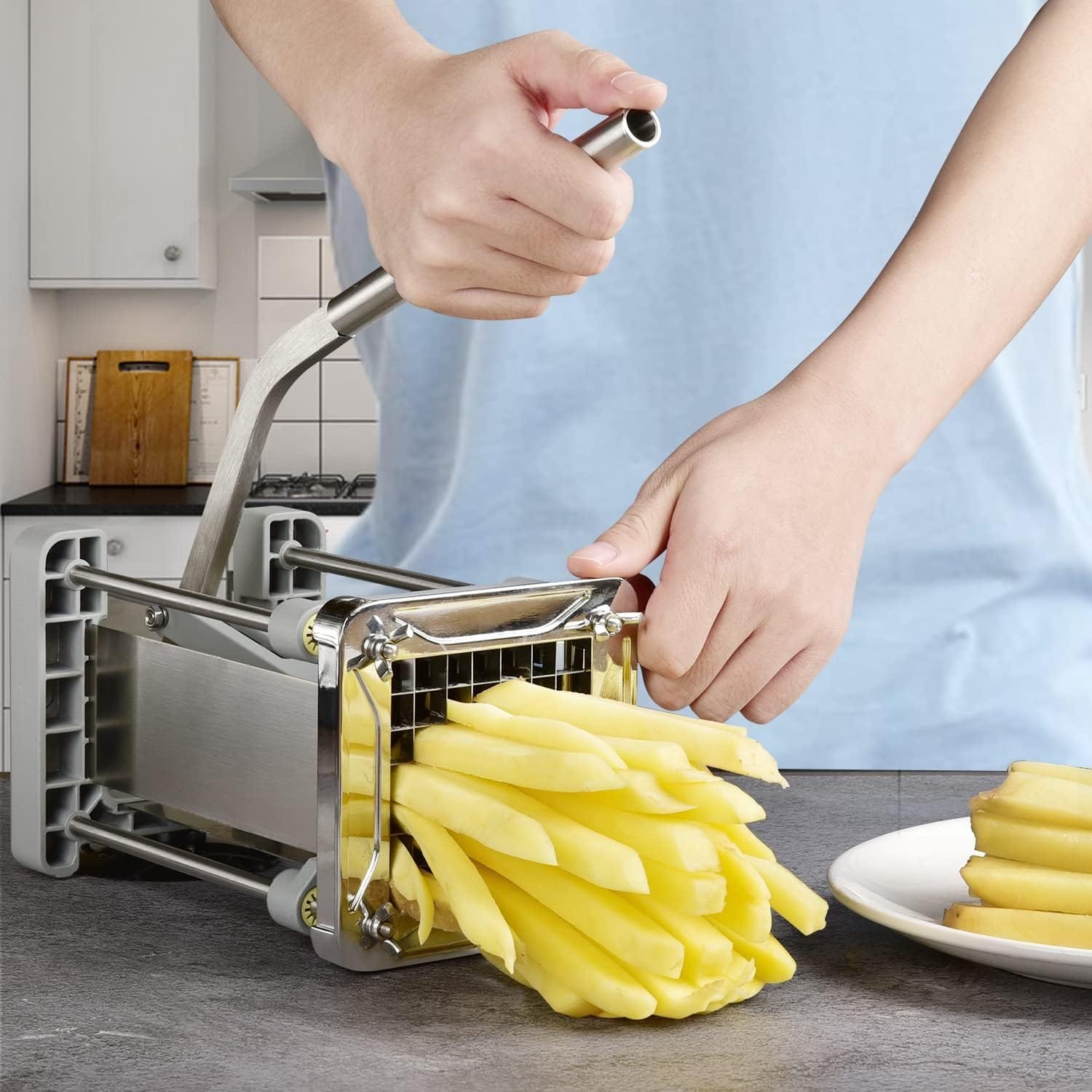 French Fry Cutter, Sopito Professional Potato Cutter Stainless Steel with 1/2-Inch and 1/4-Inch Blade Great for Potatoes Carrots Cucumbers French Fry Cutter, Sopito Professional Potato Cutter Stainless Steel with 1/2-Inch and 1/4-Inch Blade Great for Potatoes Carrots Cucumbers