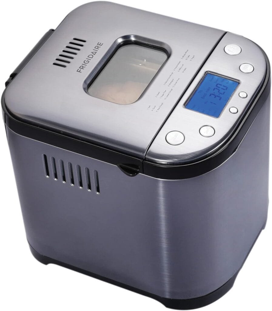 FRIGIDAIRE Bread Maker Machine with Nonstick Bowl, Bread Hook, Measuring Cup  Spoon. 15-in-1, Gluten-Free Bread, Cake Yogurt, 3 Crust Colour options and more. 3 Loaf Sizes. 2LB XL- Stainless Steel