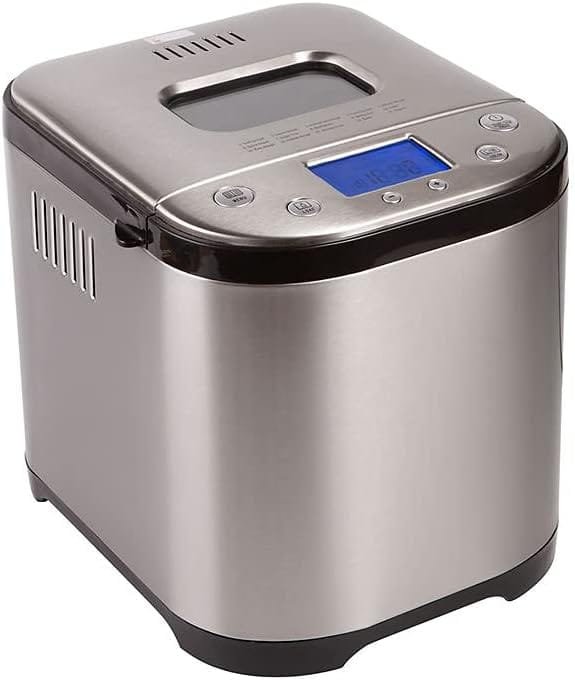 FRIGIDAIRE Bread Maker Machine with Nonstick Bowl, Bread Hook, Measuring Cup  Spoon. 15-in-1, Gluten-Free Bread, Cake Yogurt, 3 Crust Colour options and more. 3 Loaf Sizes. 2LB XL- Stainless Steel