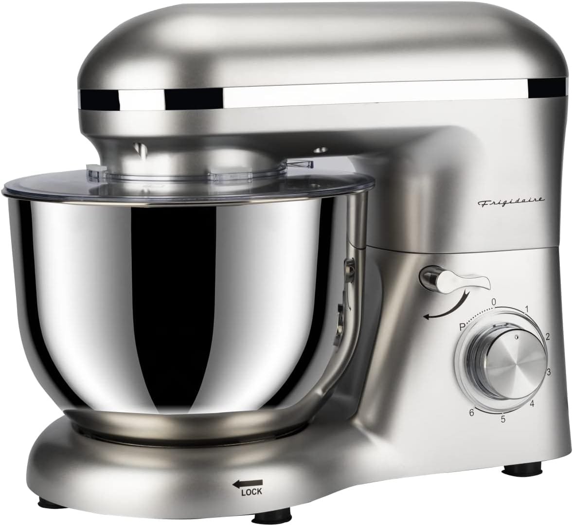 FRIGIDAIRE ESTM028-SILVER Retro Stand Mixer 6.2 Qt / 6L, 8 Speeds with Whisk, Dough Hook, Flat Beater Attachments, Splash Guard (Silver), Quart