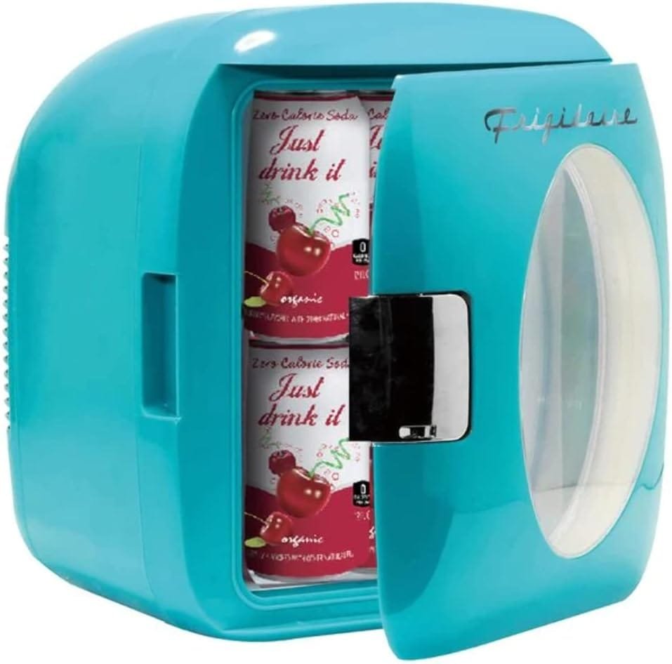 Frigidaire Retro Mini Fridge, 12/ 9 liters Cans Beverage Cooler, 100% Freon-Free  Eco Friendly Perfect for Home, Office, or Cars. Includes Plugs for Outlet  12V Car Charger - Blue