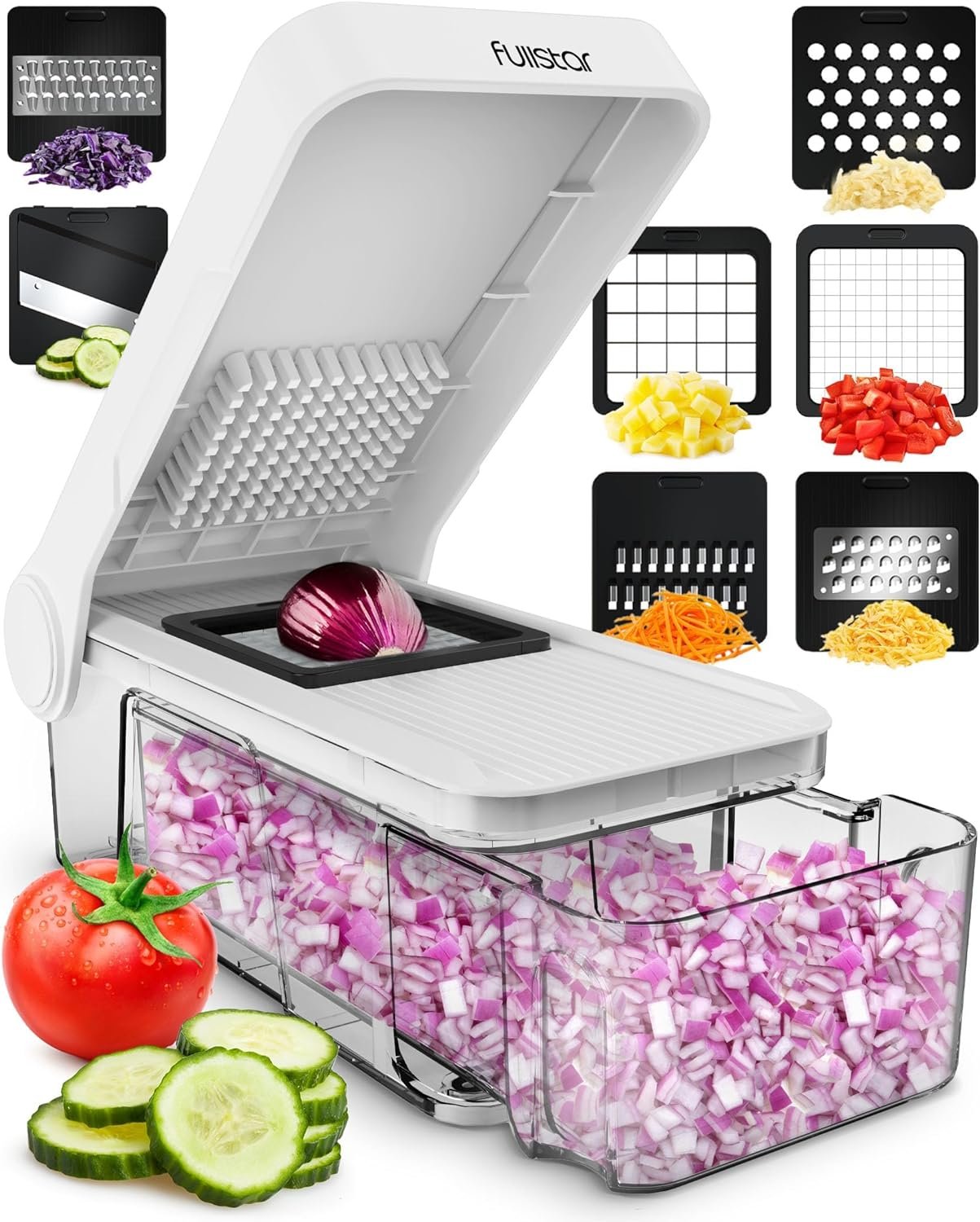 Fullstar Compact Vegetable Cutter, Mandoline Slicer  Cheese Grater, Cheese Slicer, Food Chopper, Veggie Chopper, Onion Chopper, Vegetable Chopper With Container (7 in 1 - White)