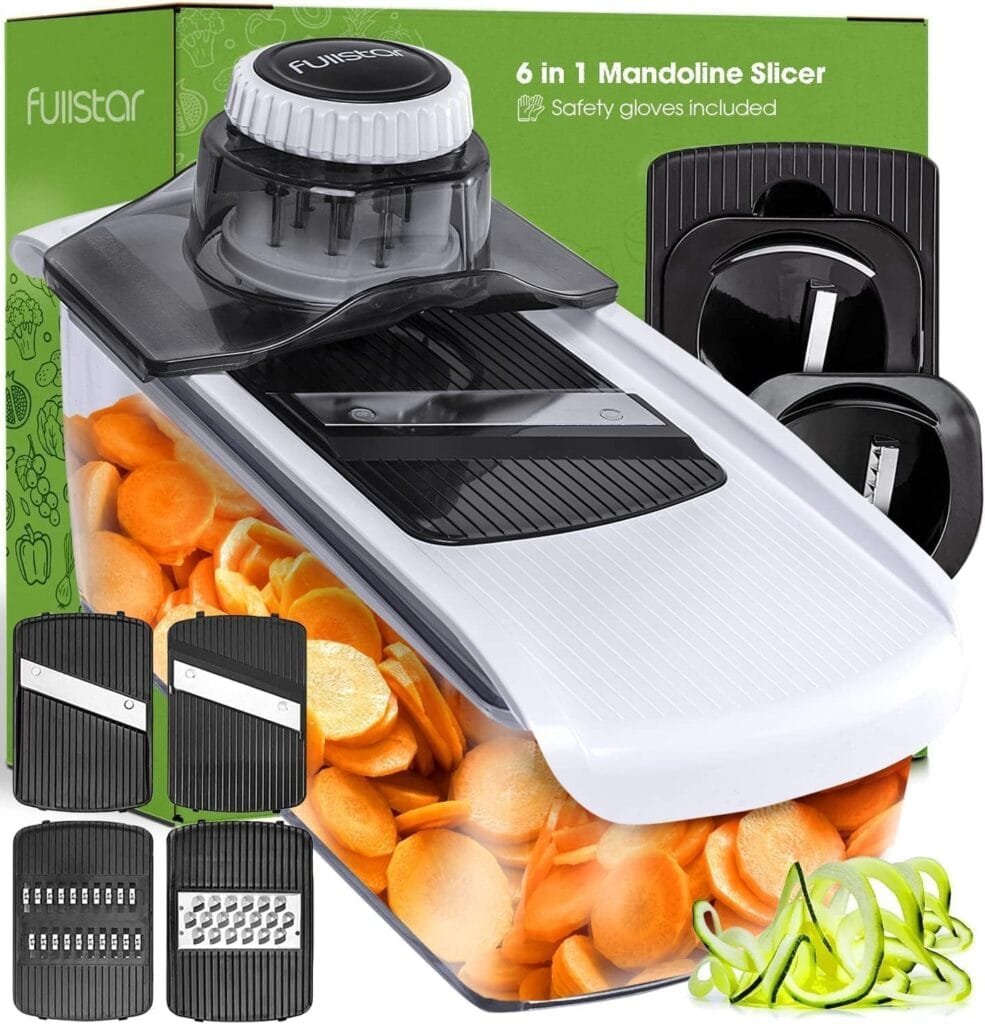 Fullstar Mandoline Slicer for Kitchen, Cheese Grater Vegetable Spiralizer and Veggie Slicer for Cooking Meal Prep, Kitchen Gadgets Organizer Safety Glove Included (6 in 1, White) Fullstar Mandoline Slicer for Kitchen, Cheese Grater Vegetable Spiralizer and Veggie Slicer for Cooking Meal Prep, Kitchen Gadgets Organizer Safety Glove Included (6 in 1, White)