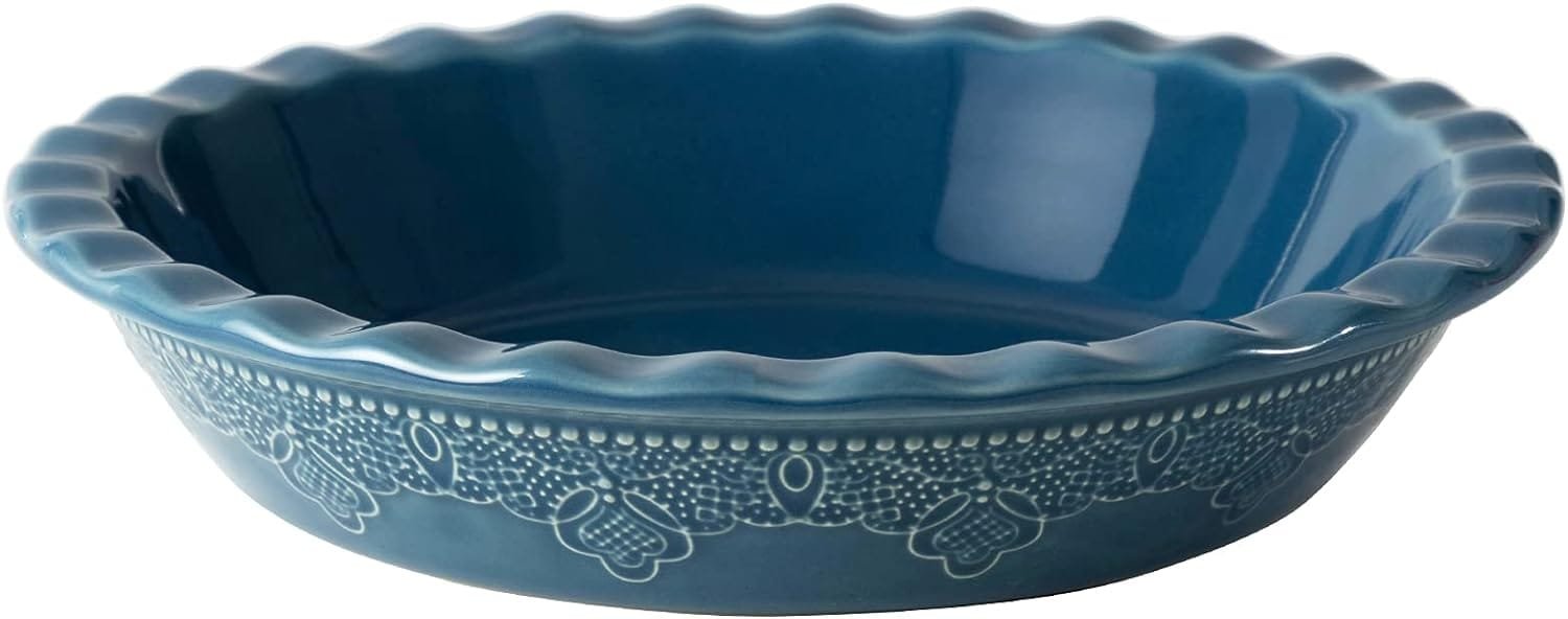 Fun Elements Pie Pan, 9 Inch Ceramic Pie Dish, Deep Dish Pie Pan with Lace Emboss, Ruffled Pie Plate for Baking(Grayish Blue) Fun Elements Pie Pan, 9 Inch Ceramic Pie Dish, Deep Dish Pie Pan with Lace Emboss, Ruffled Pie Plate for Baking(Grayish Blue)