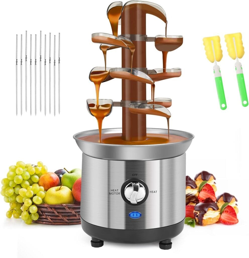FUNYEE Chocolate Fountain Machine, 3.4 lbs 4-Tier Electric Chocolate Fondue Fountain Set with 10PCS Forks, Stainless Steel Cheese Fountain Melting Pot for Chocolate Candy, Ranch, Nacho Cheese