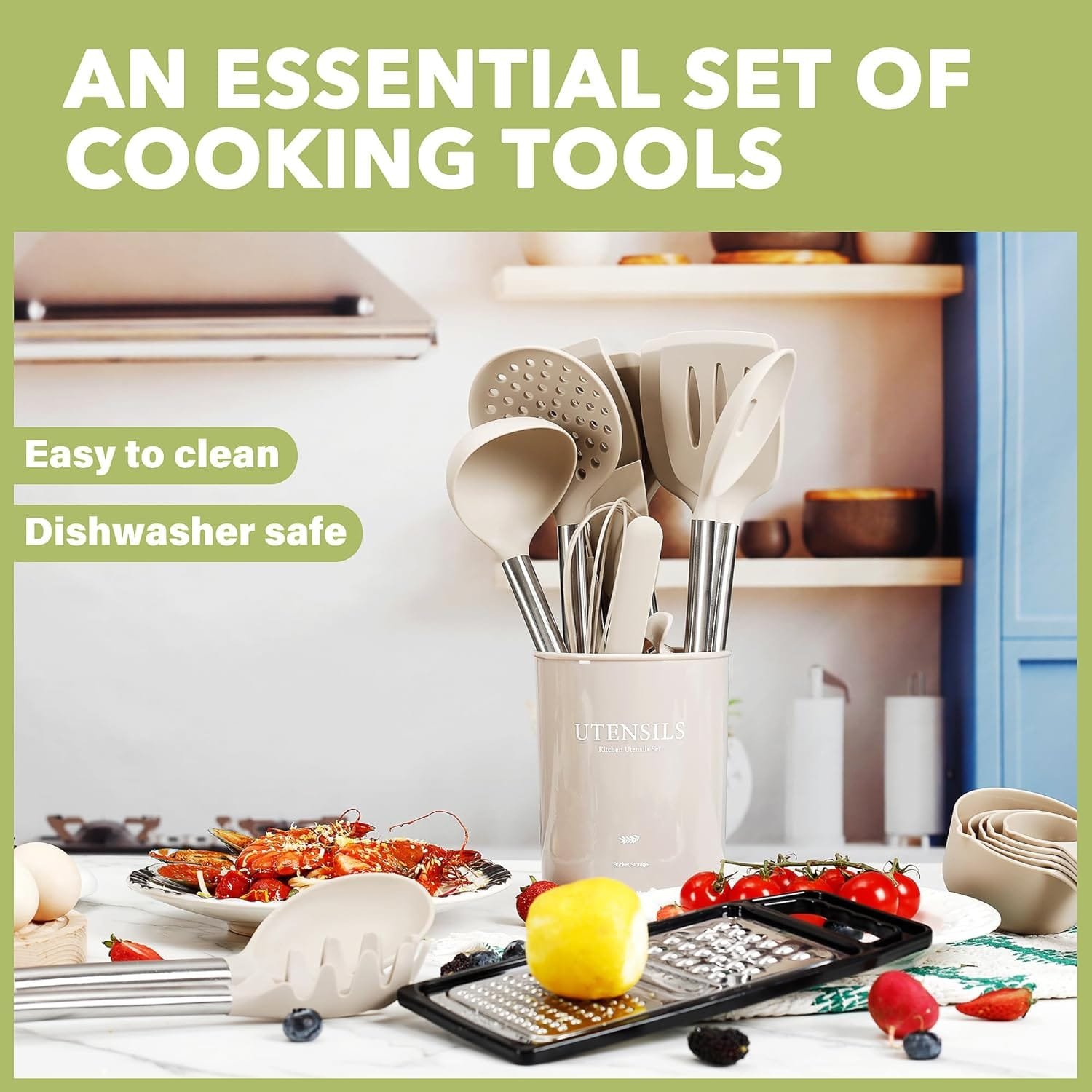 Fyvva Large Cooking Utensils Set, 35 Pcs Spatula Set with Holder, Silicone Kitchen Utensils Set with Stainless Steel Handle, Cheese Grater, Ice Cream Scoop, Pizza Cutter Kitchen Gadgets (Khaki) Fyvva Large Cooking Utensils Set, 35 Pcs Spatula Set with Holder, Silicone Kitchen Utensils Set with Stainless Steel Handle, Cheese Grater, Ice Cream Scoop, Pizza Cutter Kitchen Gadgets (Khaki)