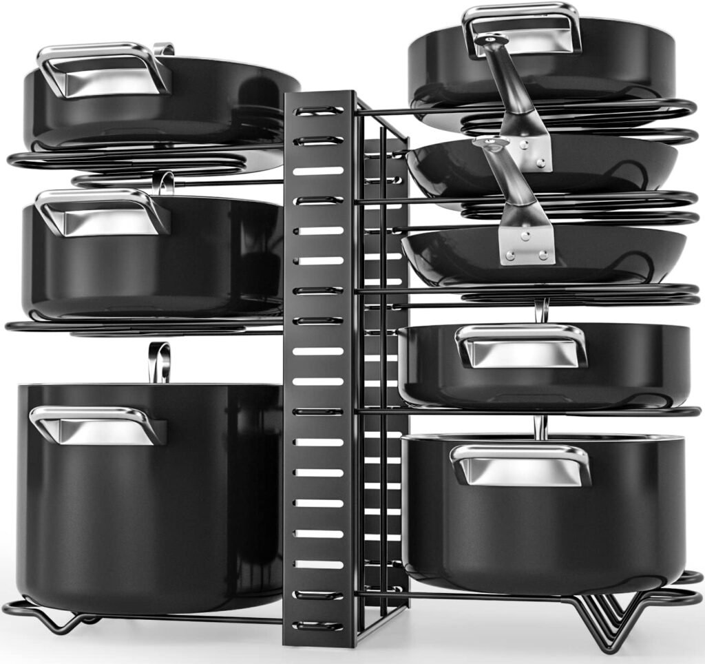 G-TING Pot Rack Organizers, 8 Tiers Pots and Pans Organizer for Kitchen Organization  Storage, Adjustable Pot Lid Holders  Pan Rack for Kitchen, Lid Organizer for Pots and Pans With 3 DIY Methods