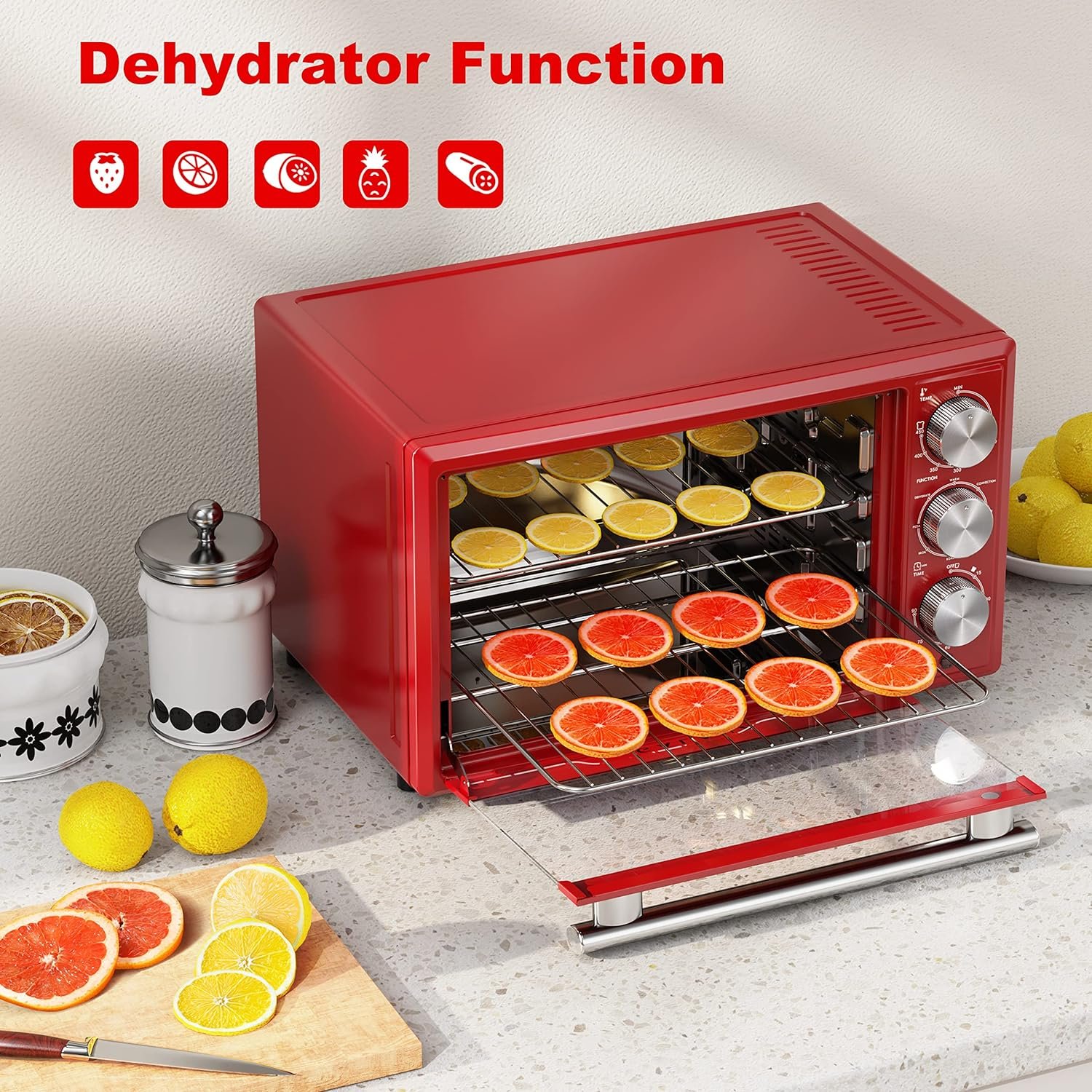 Galanz Large 6-Slice True Convection Toaster Oven, 8-in-1 Combo Bake, Toast, Roast, Broil, 12” Pizza, Dehydrator with Keep Warm Setting, Retro Blue