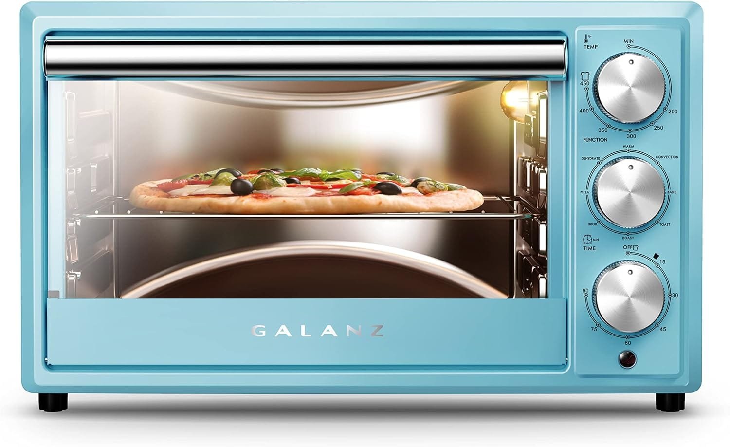 Galanz Large 6-Slice True Convection Toaster Oven, 8-in-1 Combo Bake, Toast, Roast, Broil, 12” Pizza, Dehydrator with Keep Warm Setting, Retro Blue