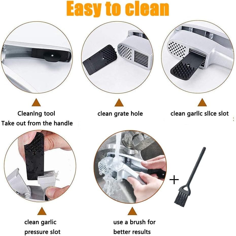 Garlic Press, 2 in 1 Garlic Mince and Garlic Slice with Garlic Cleaner Brush and Silicone Tube Peeler Set. Easy Squeeze, Rust Proof, Dishwasher Safe, Easy Clean.