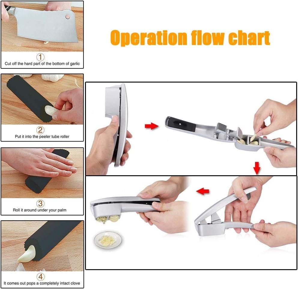 Garlic Press, 2 in 1 Garlic Mince and Garlic Slice with Garlic Cleaner Brush and Silicone Tube Peeler Set. Easy Squeeze, Rust Proof, Dishwasher Safe, Easy Clean.