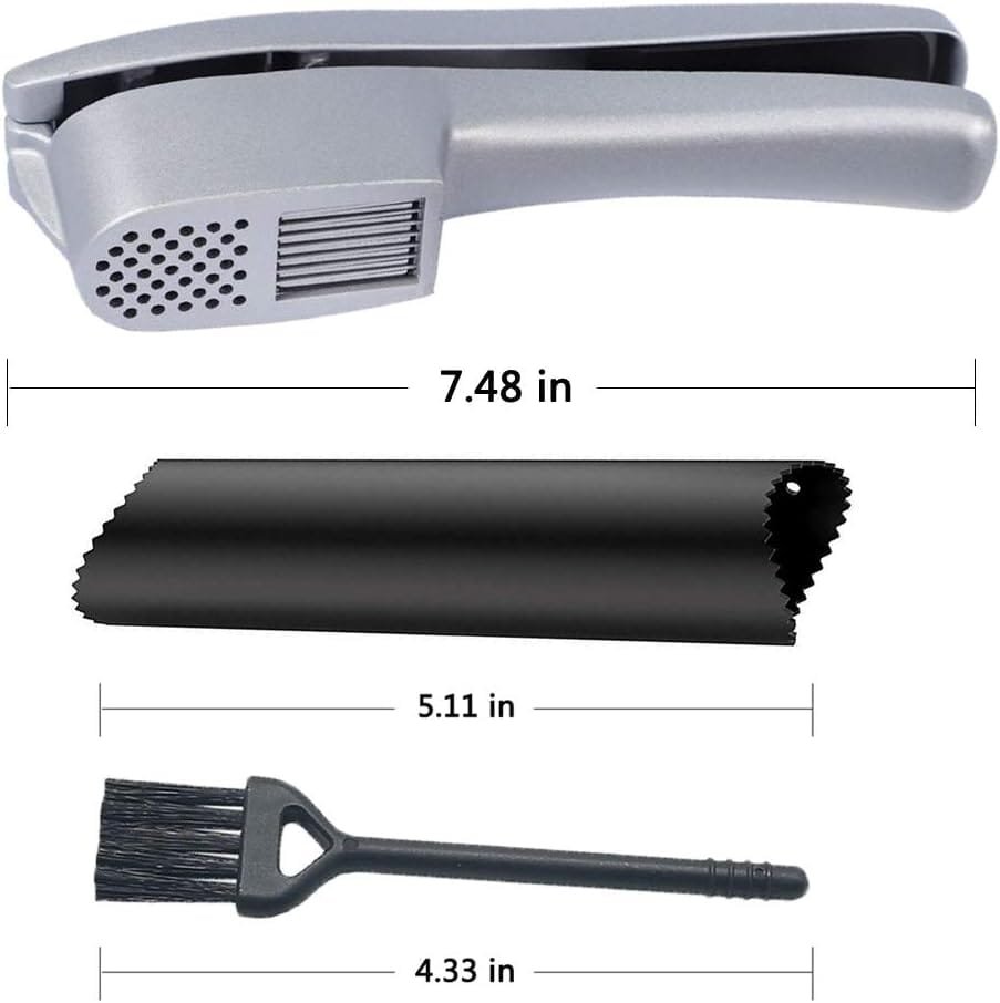 Garlic Press, 2 in 1 Garlic Mince and Garlic Slice with Garlic Cleaner Brush and Silicone Tube Peeler Set. Easy Squeeze, Rust Proof, Dishwasher Safe, Easy Clean.