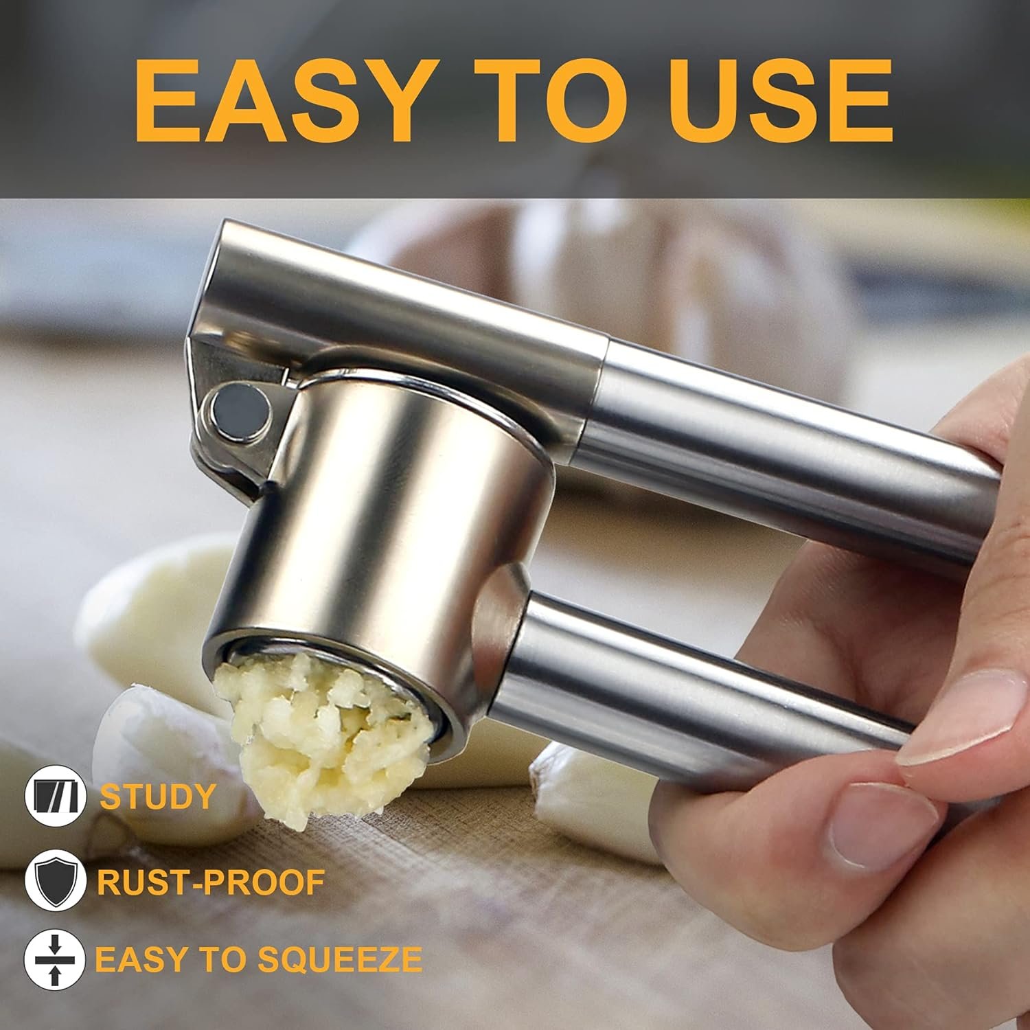 Garlic Press, 304 Stainless Steel Garlic Mincer  Crusher, Heavy Duty, Easy Squeeze, Rust Proof, Easy Clean