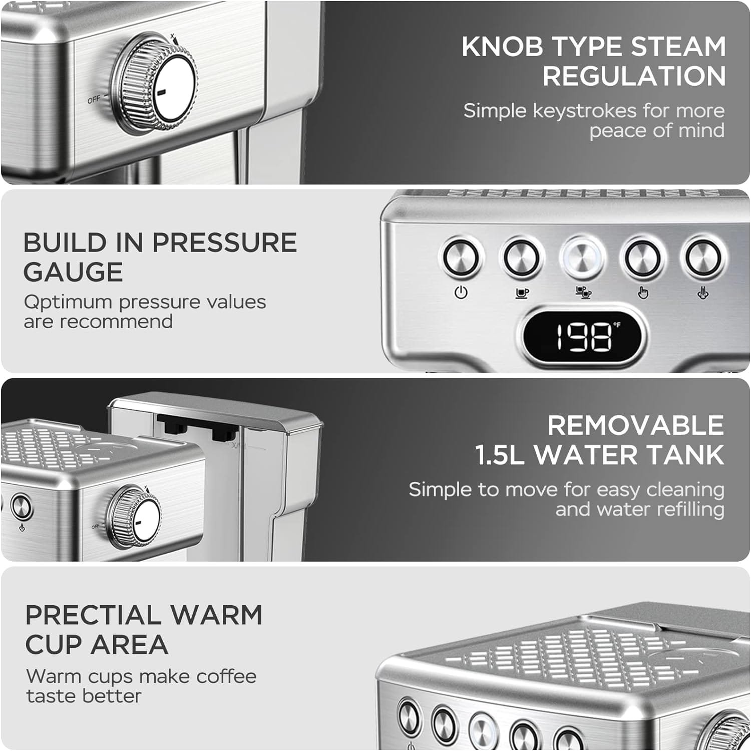 Geek Chef Espresso Machine, 20 Bar Espresso Maker with Milk Frother Steam Wand, Compact Coffee Machine with for Cappuccino,Latte, Fast Heating, Stainless Steel