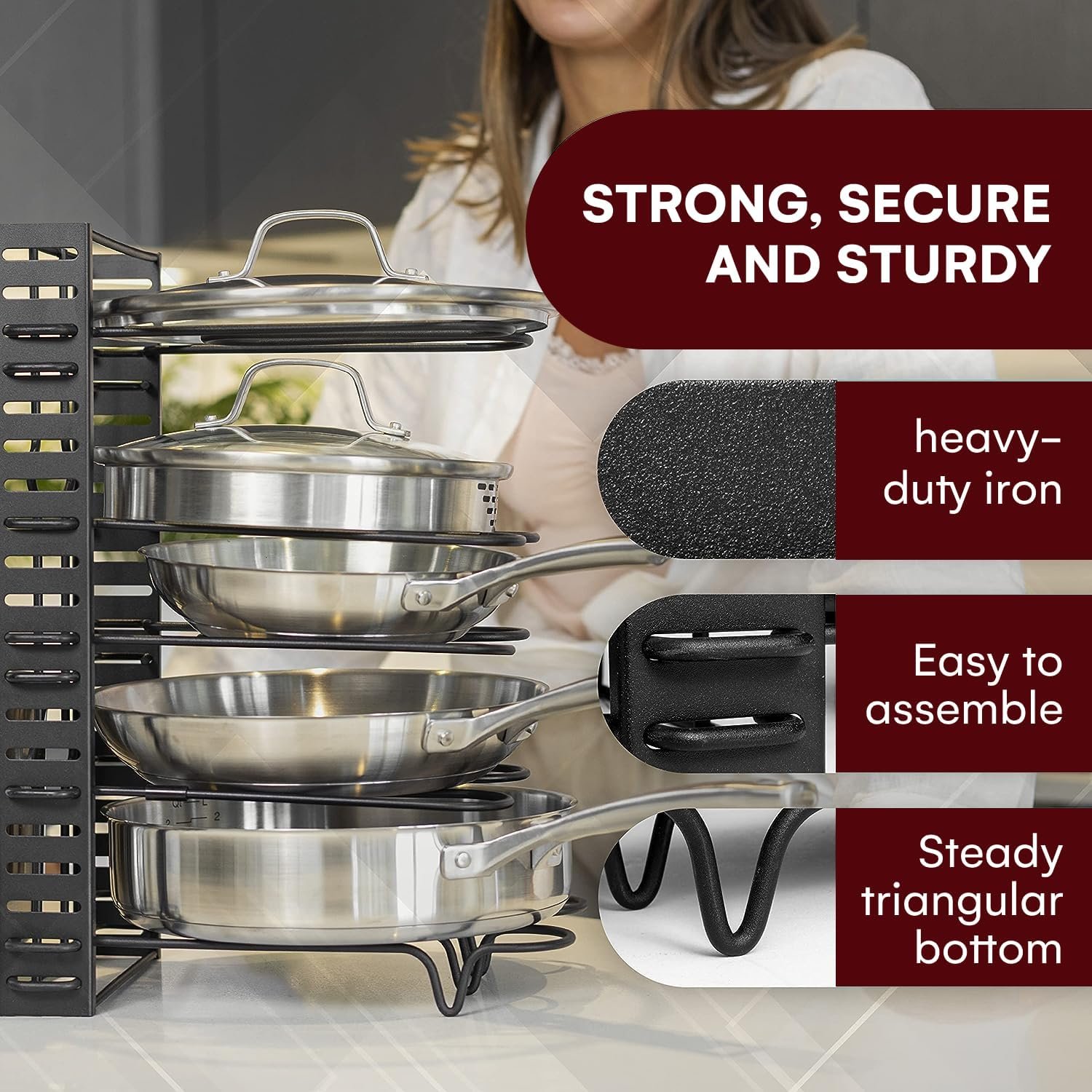 GeekDigg Adjustable Iron Pots and Pans Organizer | Versatile Kitchen Pot Rack for Counter Cabinet - Easy Setup, 3 DIY Installation Methods, Accommodates 8+ Pots Pans - Space-Saving Black Design GeekDigg Adjustable Iron Pots and Pans Organizer | Versatile Kitchen Pot Rack for Counter Cabinet - Easy Setup, 3 DIY Installation Methods, Accommodates 8+ Pots Pans - Space-Saving Black Design