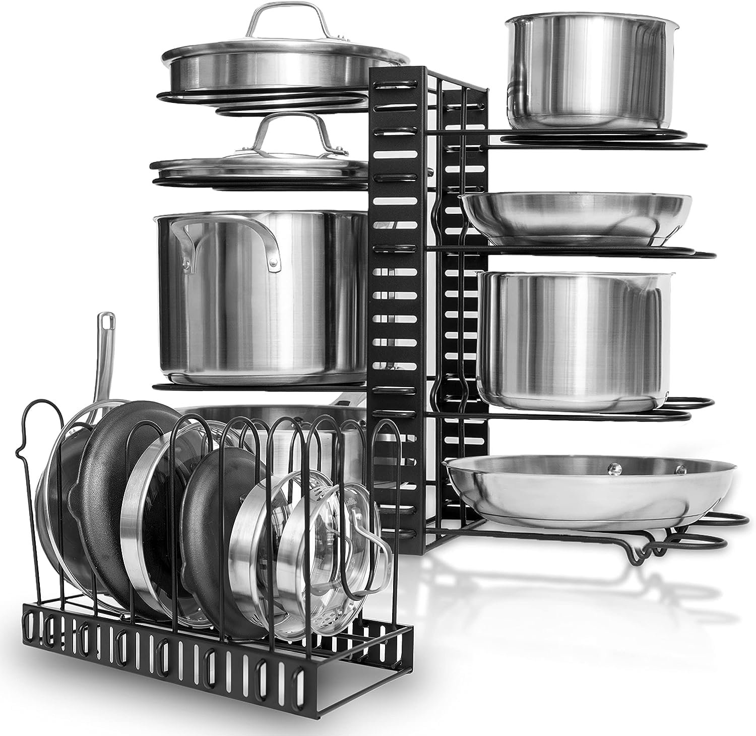 GeekDigg Adjustable Iron Pots and Pans Organizer | Versatile Kitchen Pot Rack for Counter Cabinet - Easy Setup, 3 DIY Installation Methods, Accommodates 8+ Pots Pans - Space-Saving Black Design GeekDigg Adjustable Iron Pots and Pans Organizer | Versatile Kitchen Pot Rack for Counter Cabinet - Easy Setup, 3 DIY Installation Methods, Accommodates 8+ Pots Pans - Space-Saving Black Design