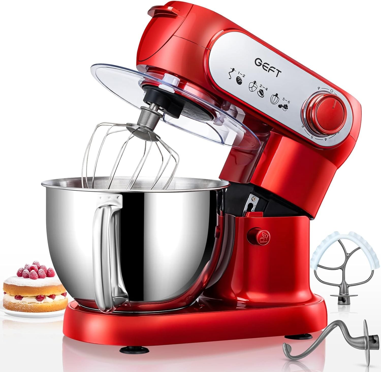 GEFT Stand Mixer, 6 QT 600W Tilt-Head Dough Mixer, 6+P speed Mixers Kitchen Electric Stand Mixer with Stainless Steel Bowl, Dishwasher-Safe Dough Hook, Flat Beater, Wire Whisk, Splash Guard, Red GEFT Stand Mixer, 6 QT 600W Tilt-Head Dough Mixer, 6+P speed Mixers Kitchen Electric Stand Mixer with Stainless Steel Bowl, Dishwasher-Safe Dough Hook, Flat Beater, Wire Whisk, Splash Guard, Red
