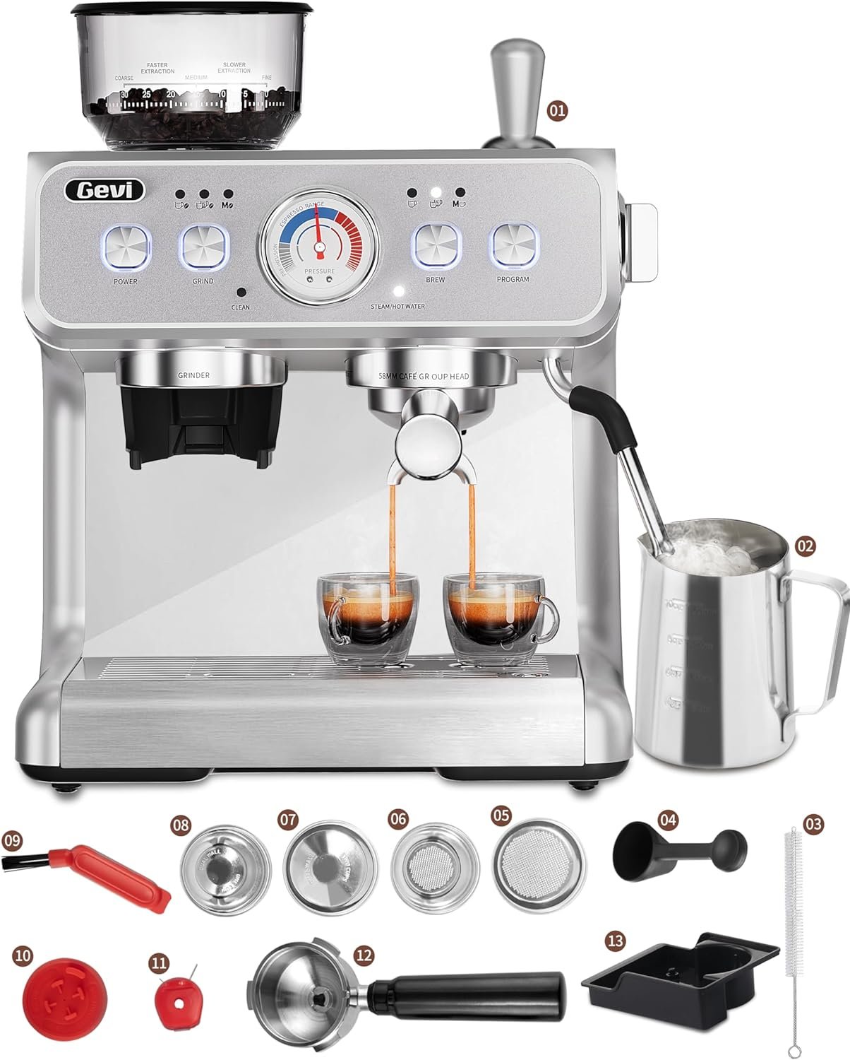Gevi Espresso Machine With Grinder, 20 Bar Dual Boiler Automatic Espresso Machine with Milk Frother Wand All in One Espresso Machines for Home