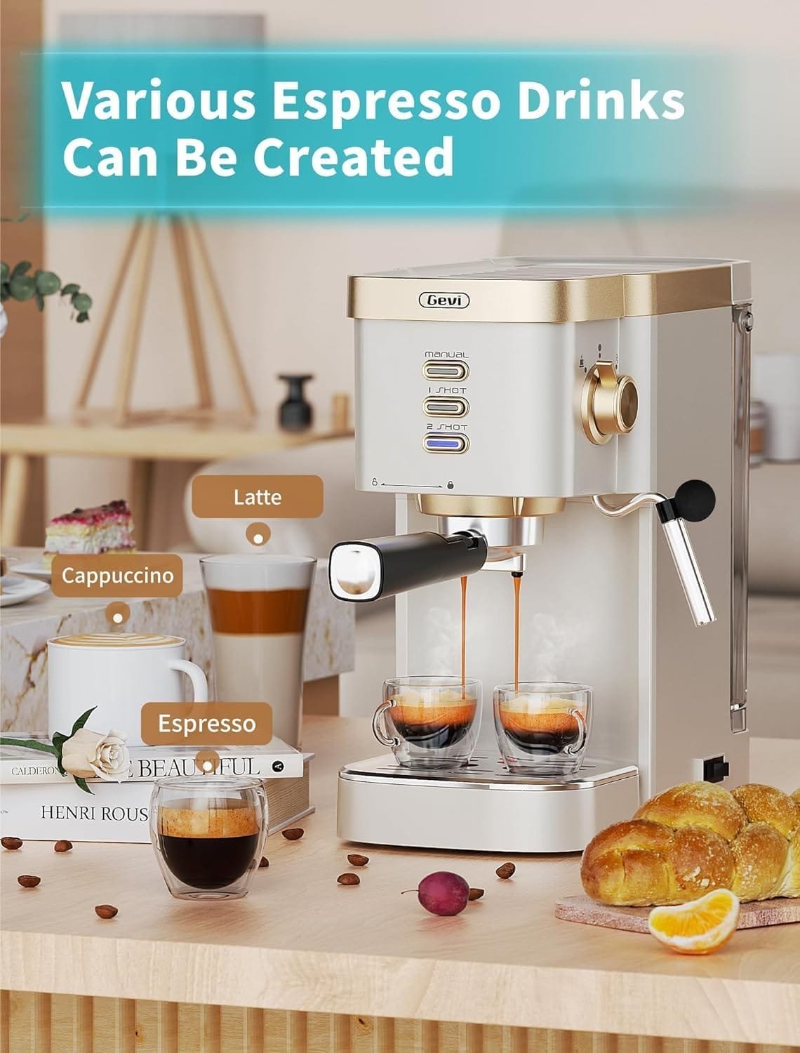 Gevi Espresso Machines 20 Bar Fast Heating Automatic Cappuccino Coffee Maker with Foaming Milk Frother Wand for Espresso, Latte Macchiato, Coffee Serving Sets