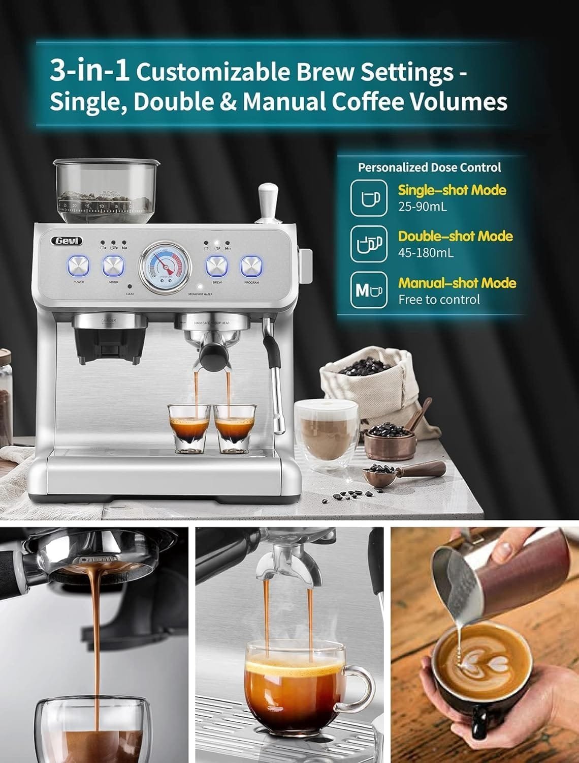 Gevi Espresso Machins for Home 20 Bar Dual Boiler Automatic Espresso Machines with Milk Frother Wand for Cappuccino,Latte Macchiato Espresso Machine with Grinder