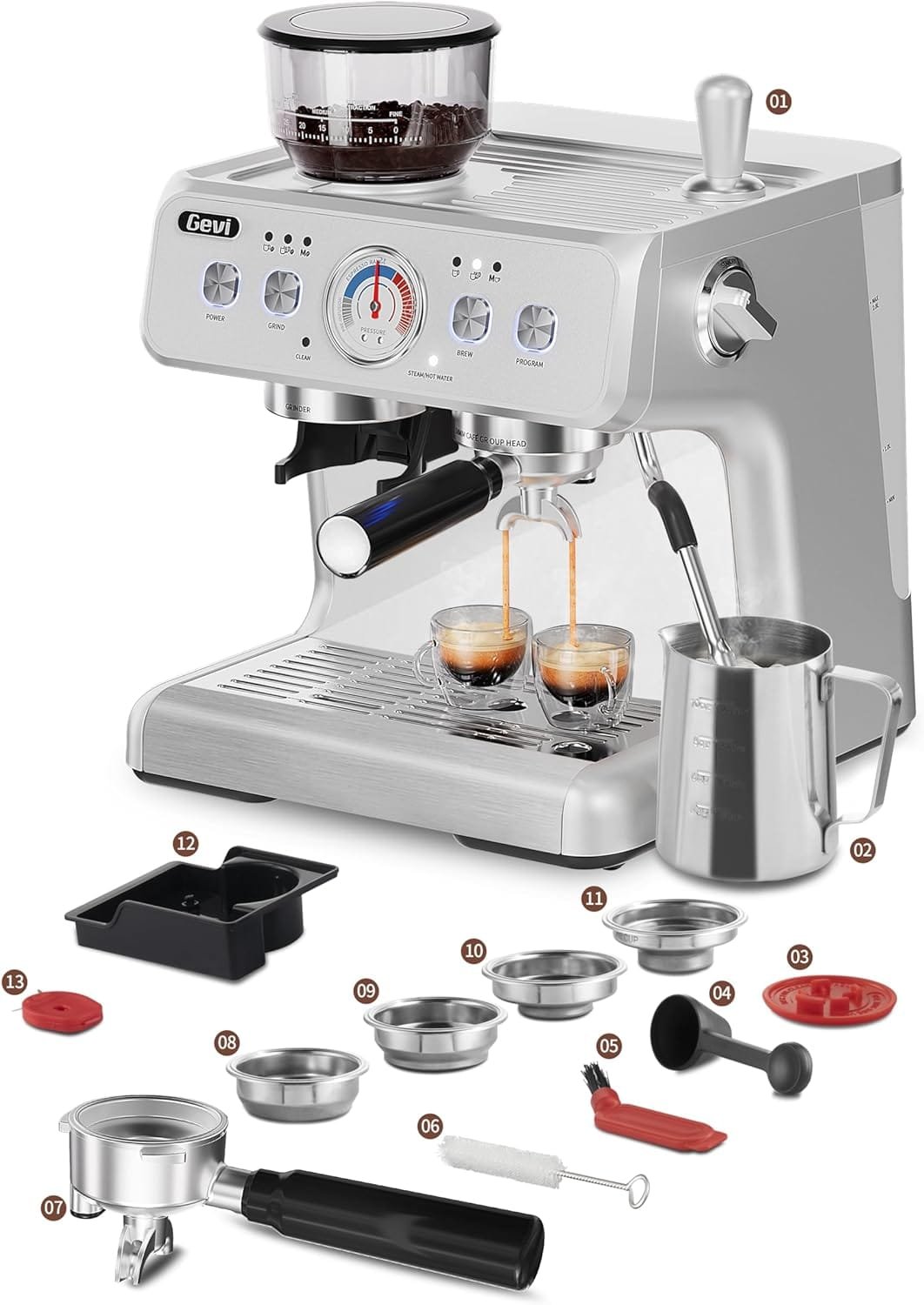 Gevi Espresso Machins for Home 20 Bar Dual Boiler Automatic Espresso Machines with Milk Frother Wand for Cappuccino,Latte Macchiato Espresso Machine with Grinder
