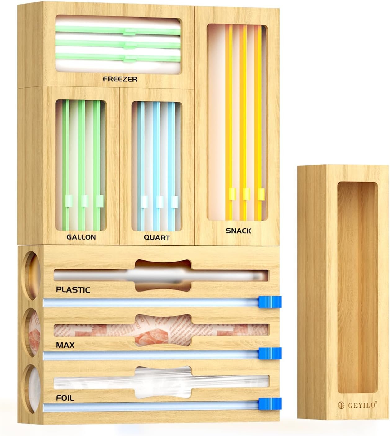 GEYILO 8 in 1 Bag Organizer Storage for Kitchen Drawer Organization, Bamboo Foil and Plastic Wrap Organizer, Plastic Bag Organizer for Gallon,Quart,Sandwich and Snack Variety Size Bag
