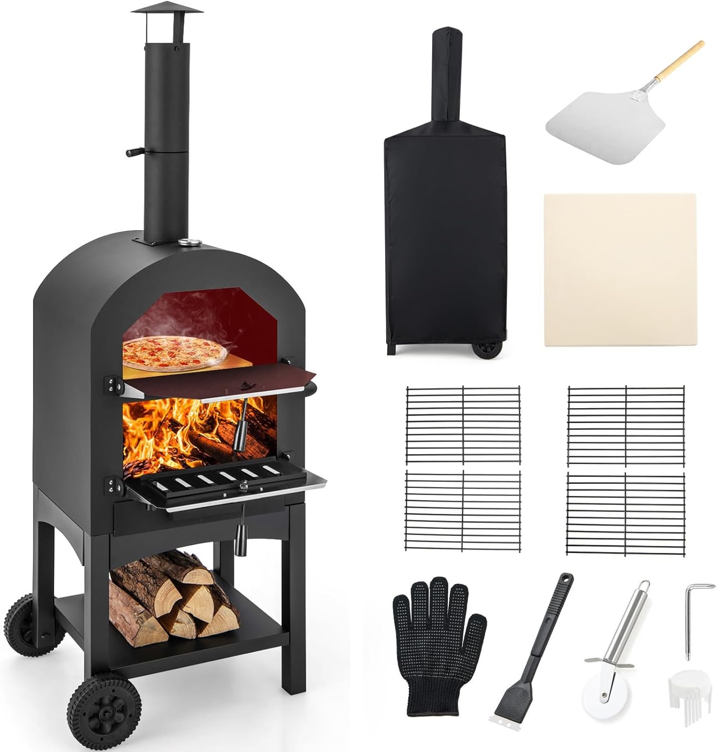 Giantex Outdoor Pizza Oven Wood Fired, 2-Layer Pizza Maker with Pizza Stone, Pizza Peel, Removable Cooking Rack, Waterproof Cover, Folding Legs, Outside Pizza Ovens for Camping Backyard BBQ (28 Inch)