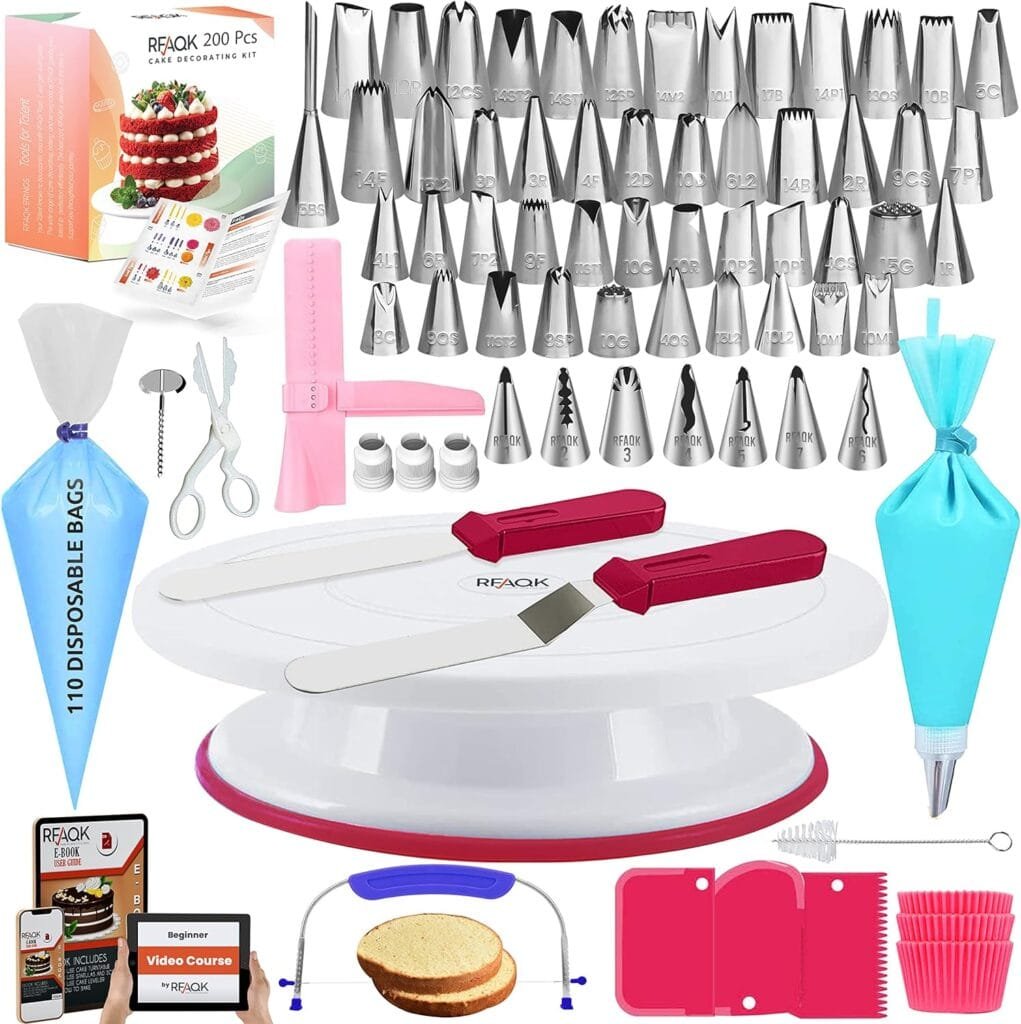 Gift For Women-Cake Decorating Supplies Kit for Beginners RFAQK 200PCs - Turntable with 48 Numbered Piping 7 Korean Tips(Pattern chart included)-Straight  Offset Spatula-Leveler Baking tools Gift For Women-Cake Decorating Supplies Kit for Beginners RFAQK 200PCs - Turntable with 48 Numbered Piping 7 Korean Tips(Pattern chart included)-Straight  Offset Spatula-Leveler Baking tools