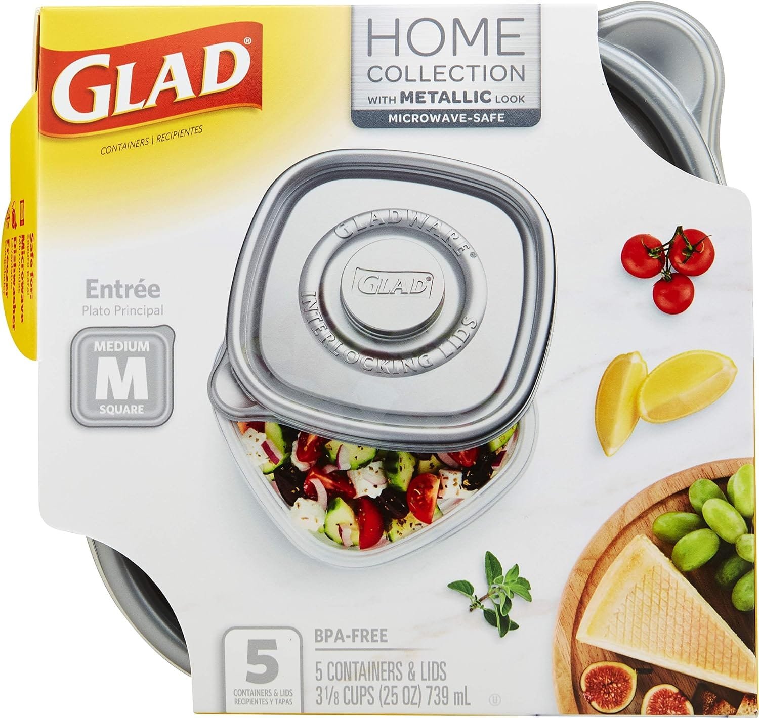 GladWare Home Entree Food Storage Containers, Medium Square Holds 25 Ounces of Food, 5 Count Set |With Glad Lock Tight Seal, BPA Free Containers and Lids