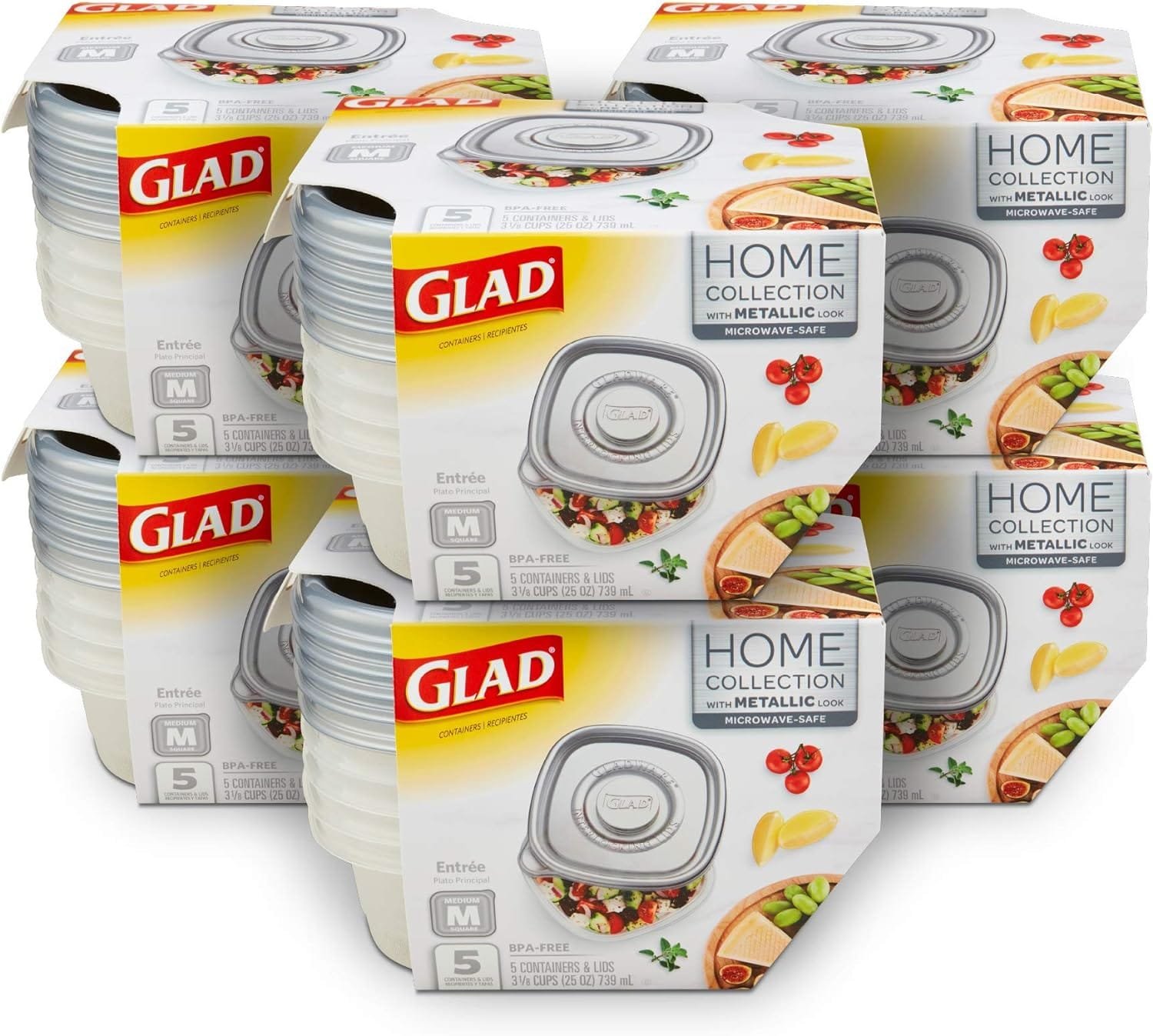 GladWare Home Entree Food Storage Containers, Medium Square Holds 25 Ounces of Food, 5 Count Set |With Glad Lock Tight Seal, BPA Free Containers and Lids