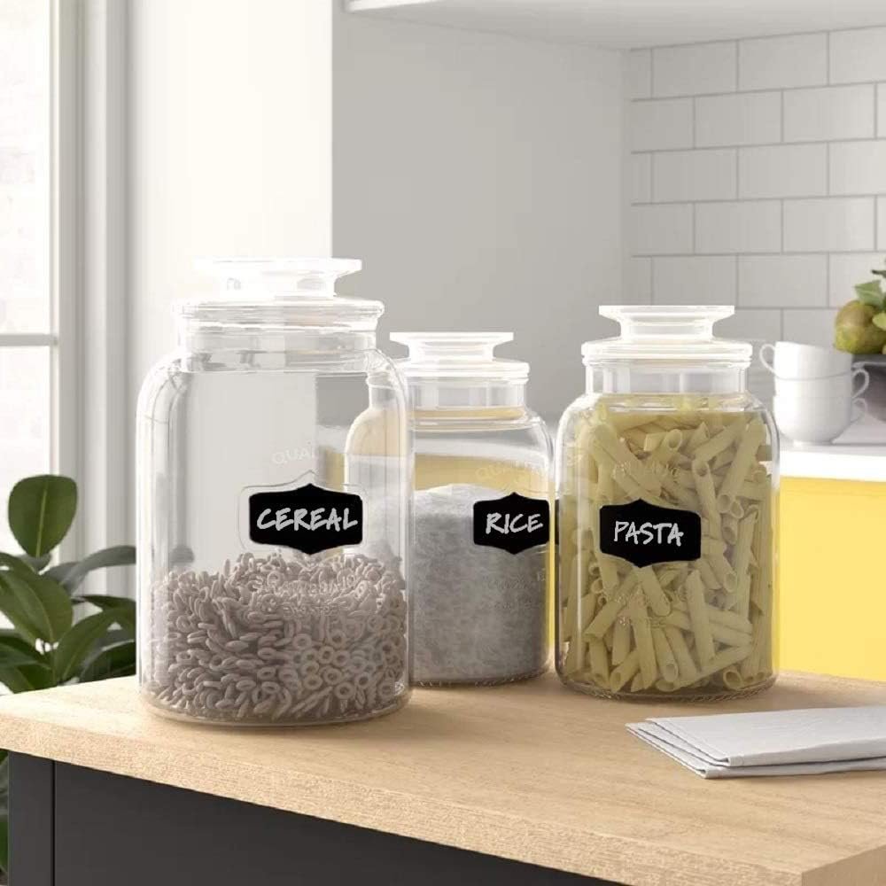 Glass Canister Set for Kitchen or Bathroom with Airtight Lid and Chalkboard Labels, Apothecary Glass Food Storage Jars,Set of 3 Cookie Jars, Candy, Coffee, Cereal  More, Clear Storage Containers!