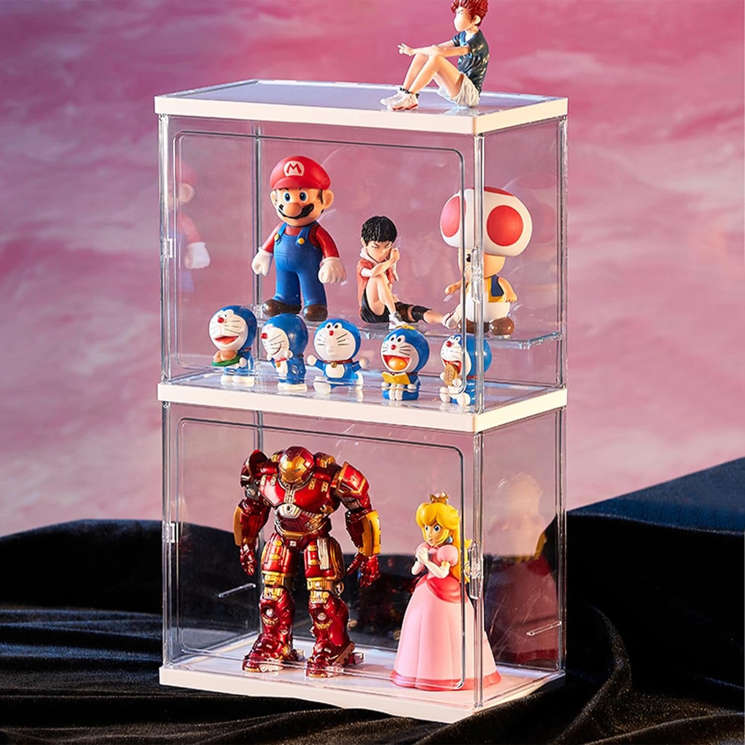 Glass Display Case for Figures with Light 2 Tier Clear Display Stand for Collectibles Stackable Assemble Display Box for Action Figures Toys Dustproof Clear Storage Box Showcase for Pop Mart(1 Pack)