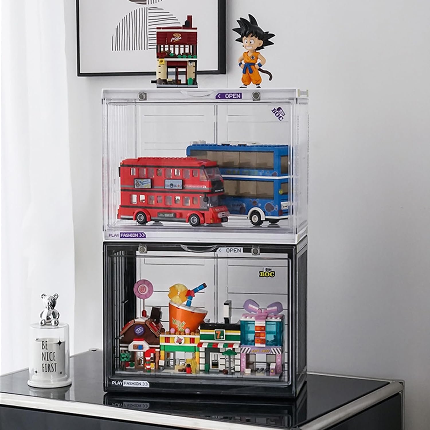 Glass Display Case for Figures with Light 2 Tier Clear Display Stand for Collectibles Stackable Assemble Display Box for Action Figures Toys Dustproof Clear Storage Box Showcase for Pop Mart(1 Pack)