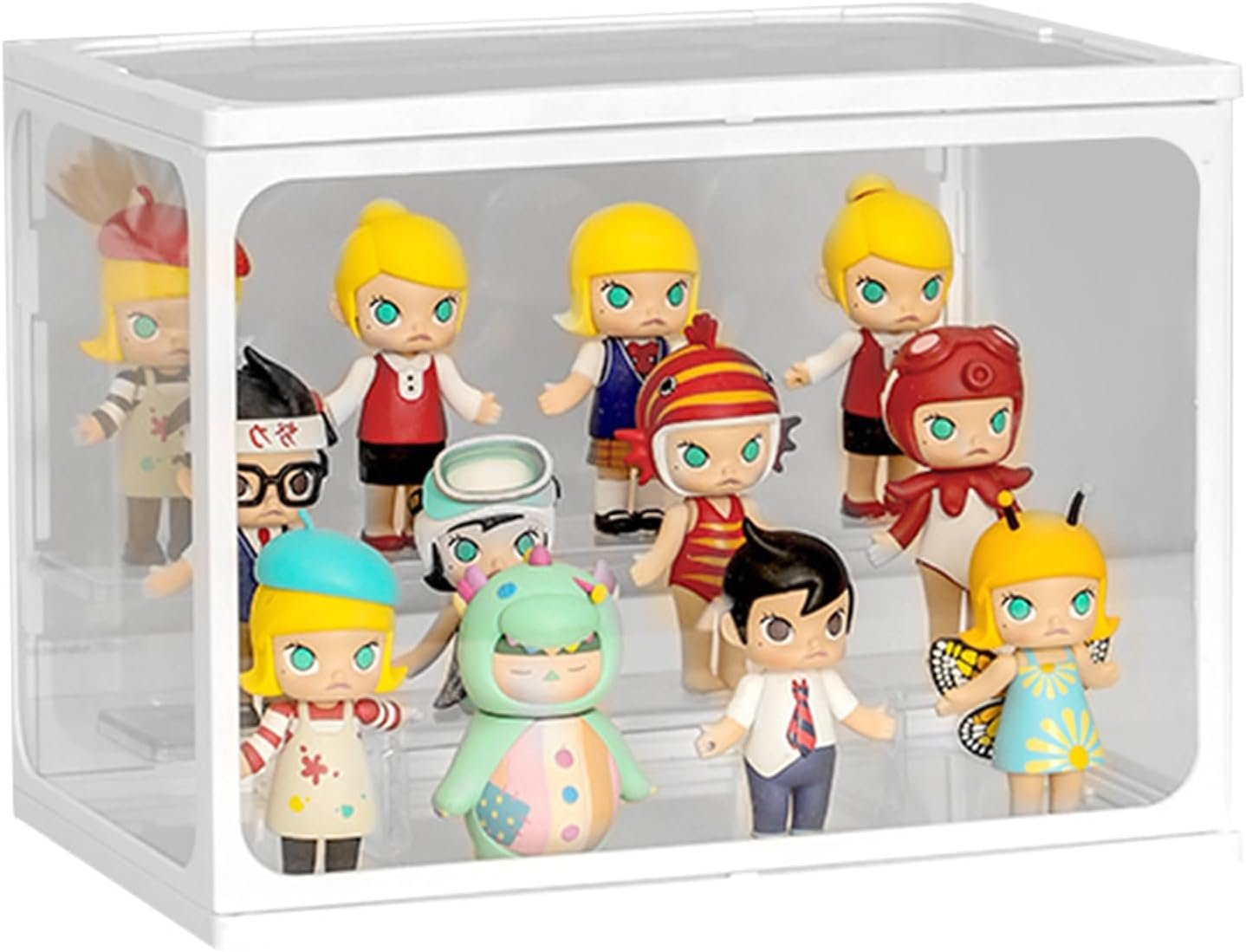 Glass Display Case for Figures with Light 2 Tier Clear Display Stand for Collectibles Stackable Assemble Display Box for Action Figures Toys Dustproof Clear Storage Box Showcase for Pop Mart(1 Pack)