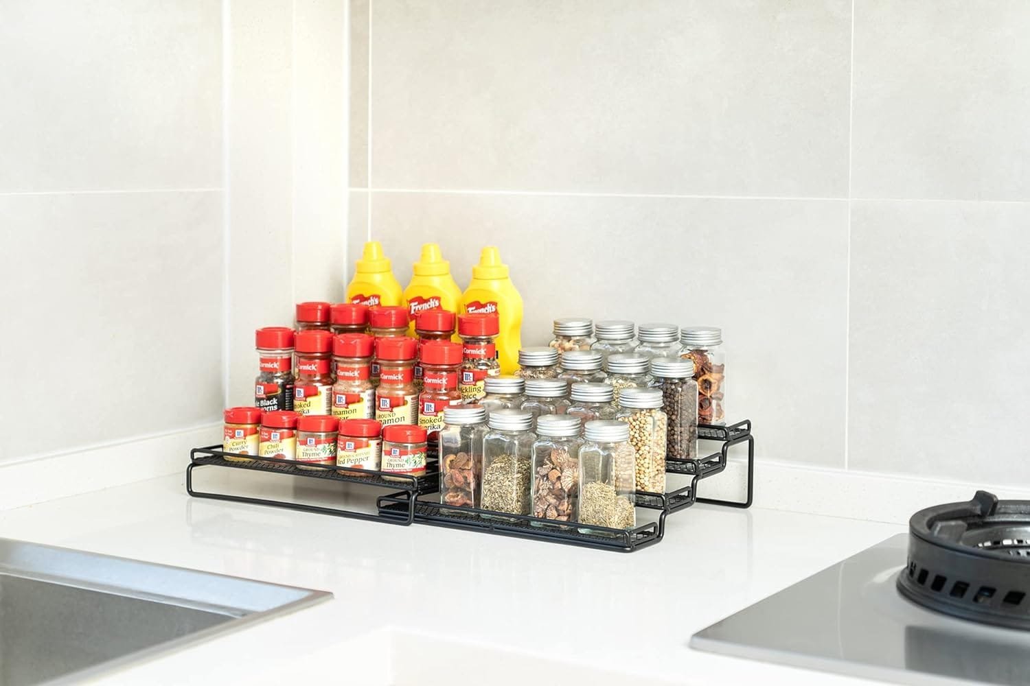 GONGSHI Spice Rack Organizer for Cabinet, Pantry and Countertop, 3 Tier Expandable Seasoning Shelf, Black