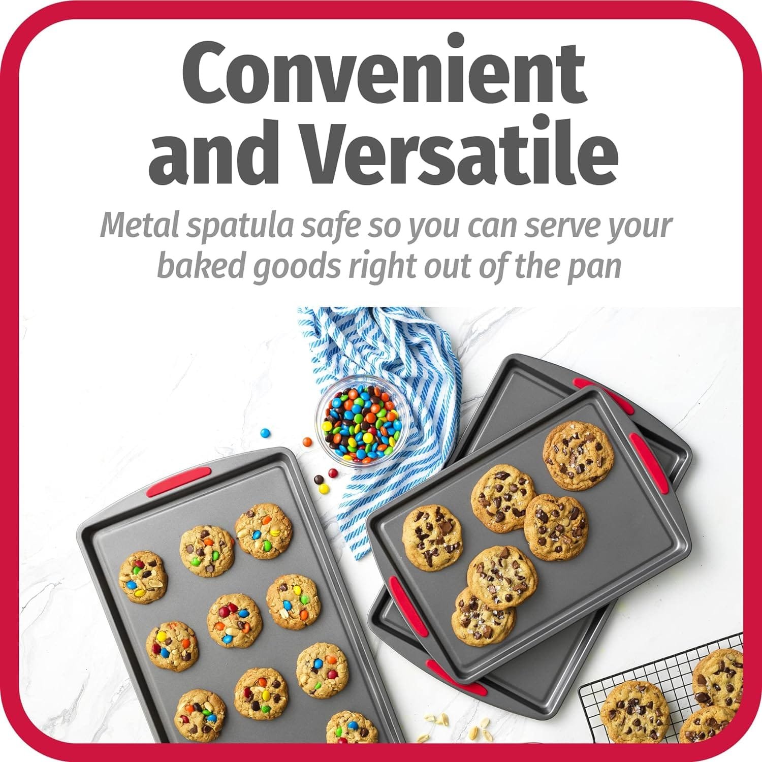 GoodCook Mega Grip Set of 3 Nonstick Steel Multipurpose Cookie Sheets with Silicone Grip Handles, Gray