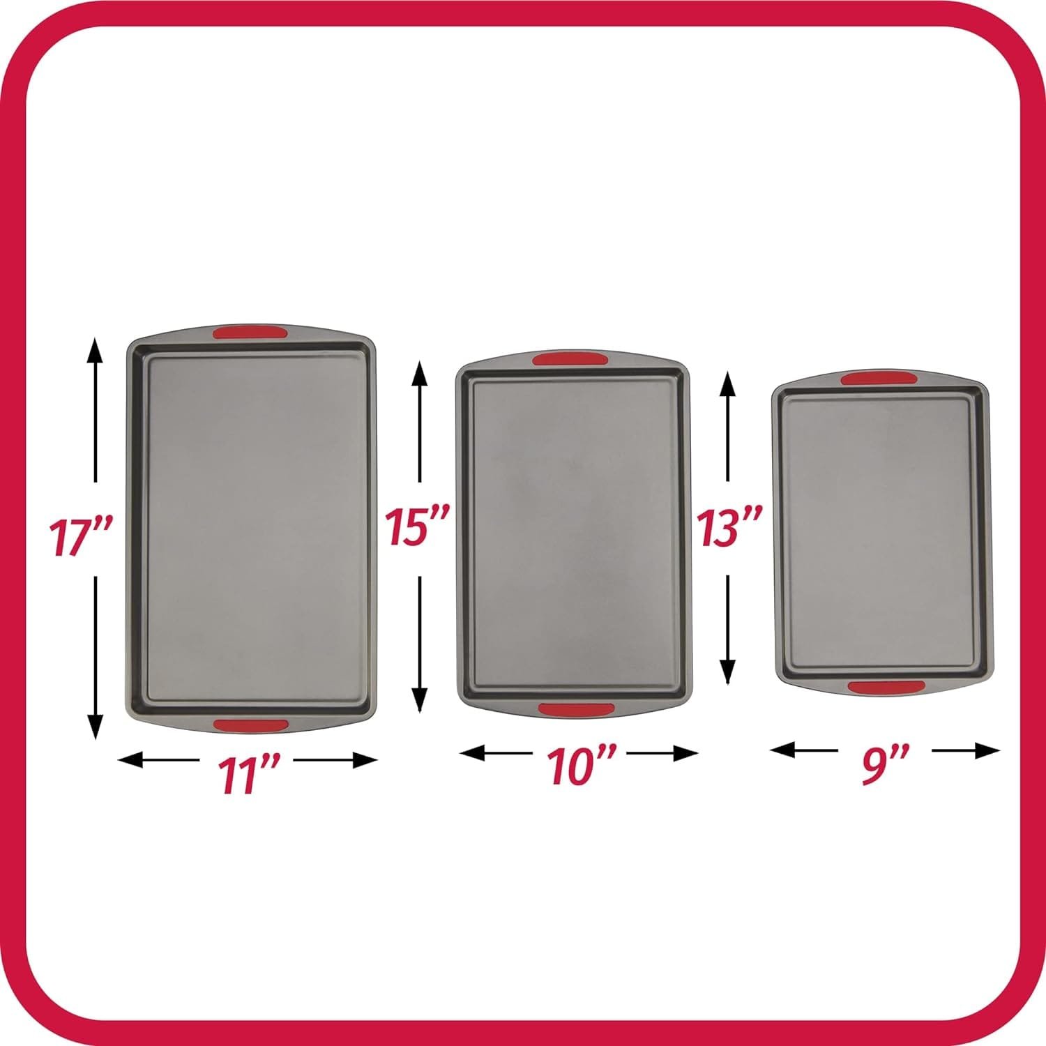 GoodCook Mega Grip Set of 3 Nonstick Steel Multipurpose Cookie Sheets with Silicone Grip Handles, Gray